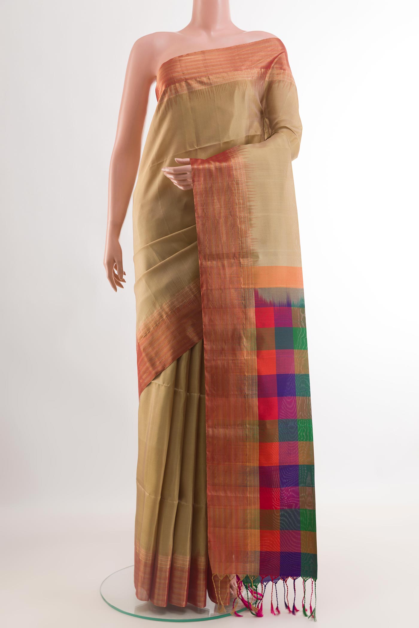 Beige Soft Silk Saree with Plain Body and Zari Border.  displayed on a mannequin