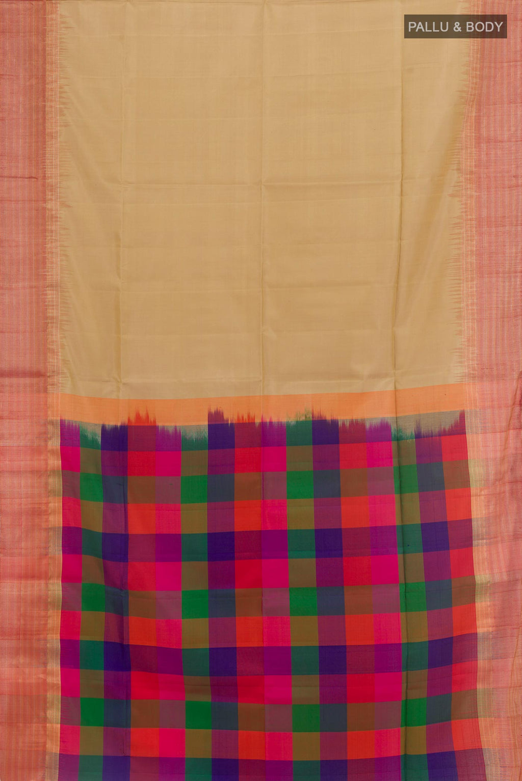 Flat view of Beige Soft Silk Saree with Plain Body and Zari Border. 