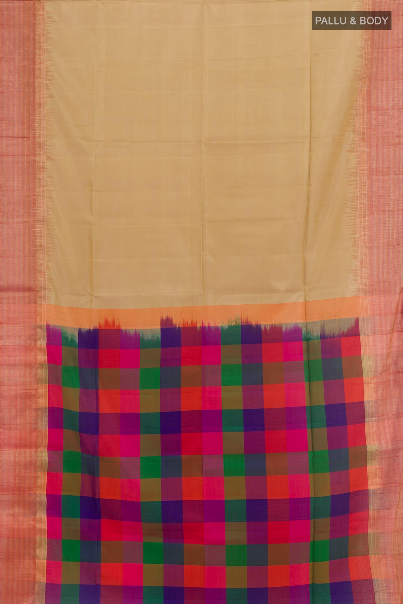 Flat view of Beige Soft Silk Saree with Plain Body and Zari Border. 