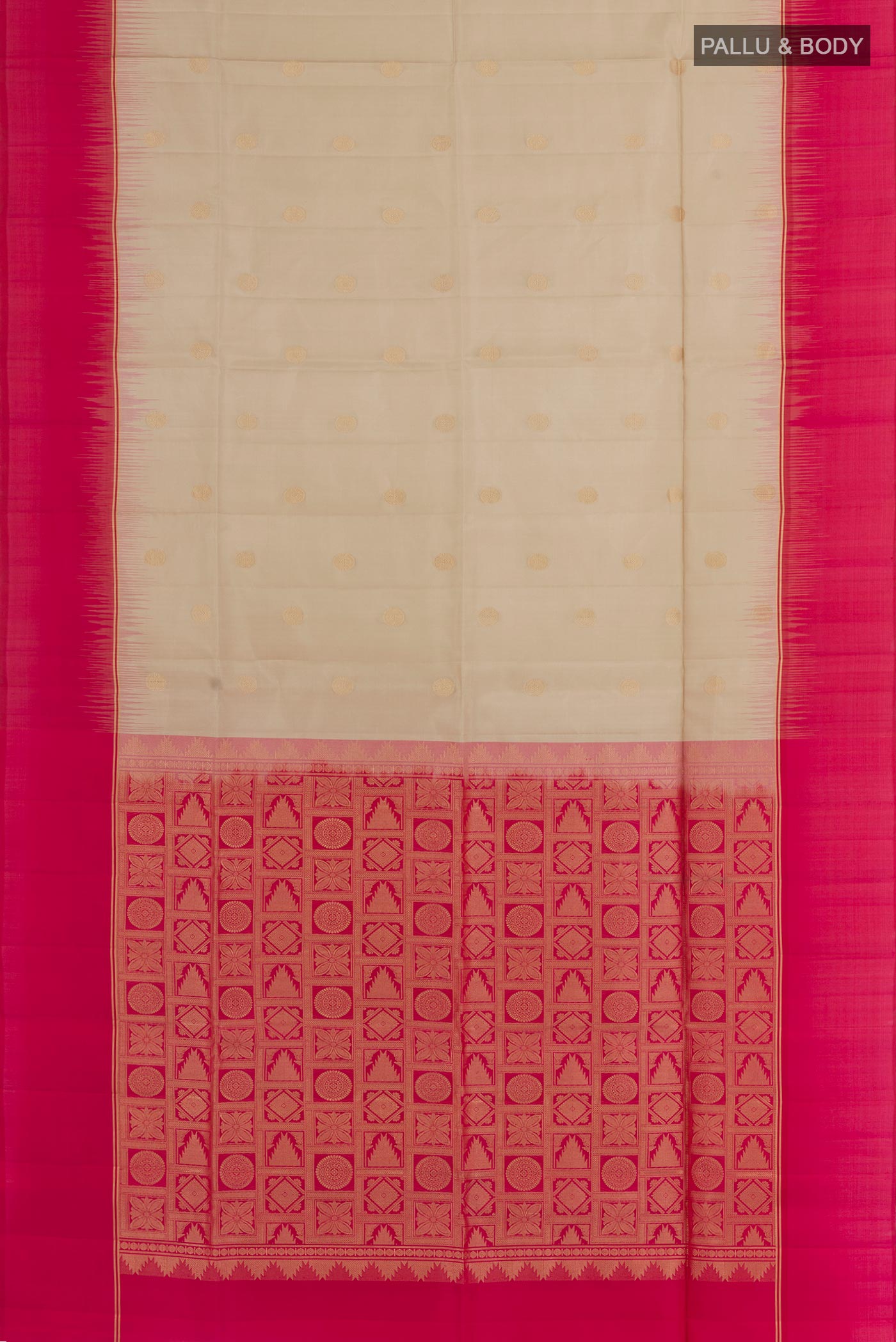 Flat view of Beige Soft Silk Saree with Zari Butta on the body and Zari Border. 