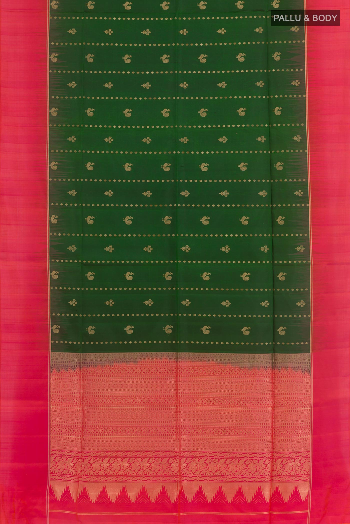 Flat view of Green Soft Silk Saree with Zari Butta on the body and Zari Border. 