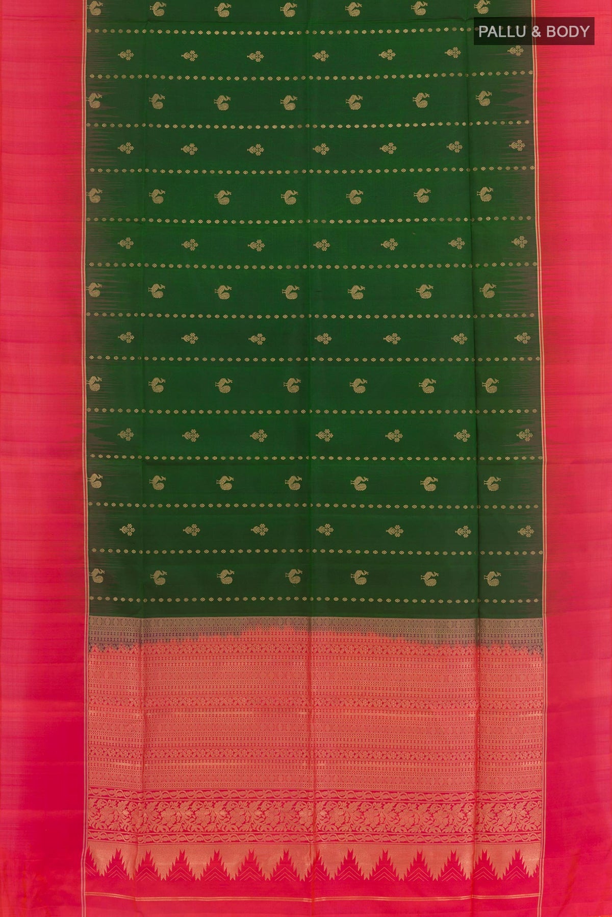 Flat view of Green Soft Silk Saree with Zari Butta on the body and Zari Border. 