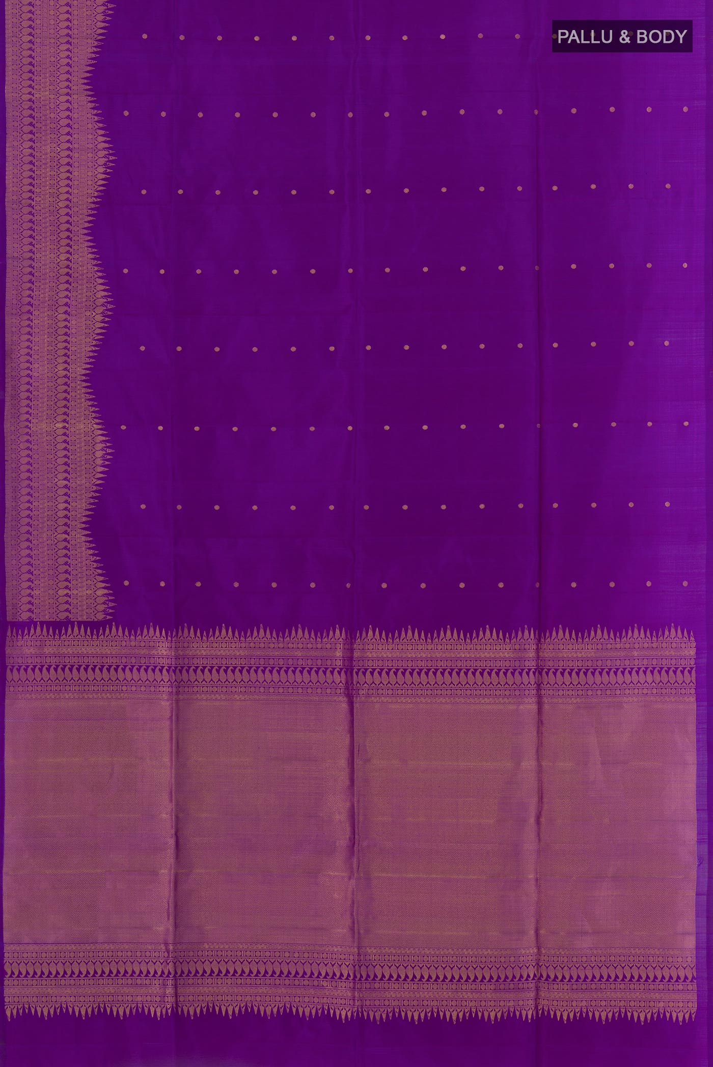 Flat view of Purple Soft Silk Saree with Zari Butta on the body and Zari Border. 