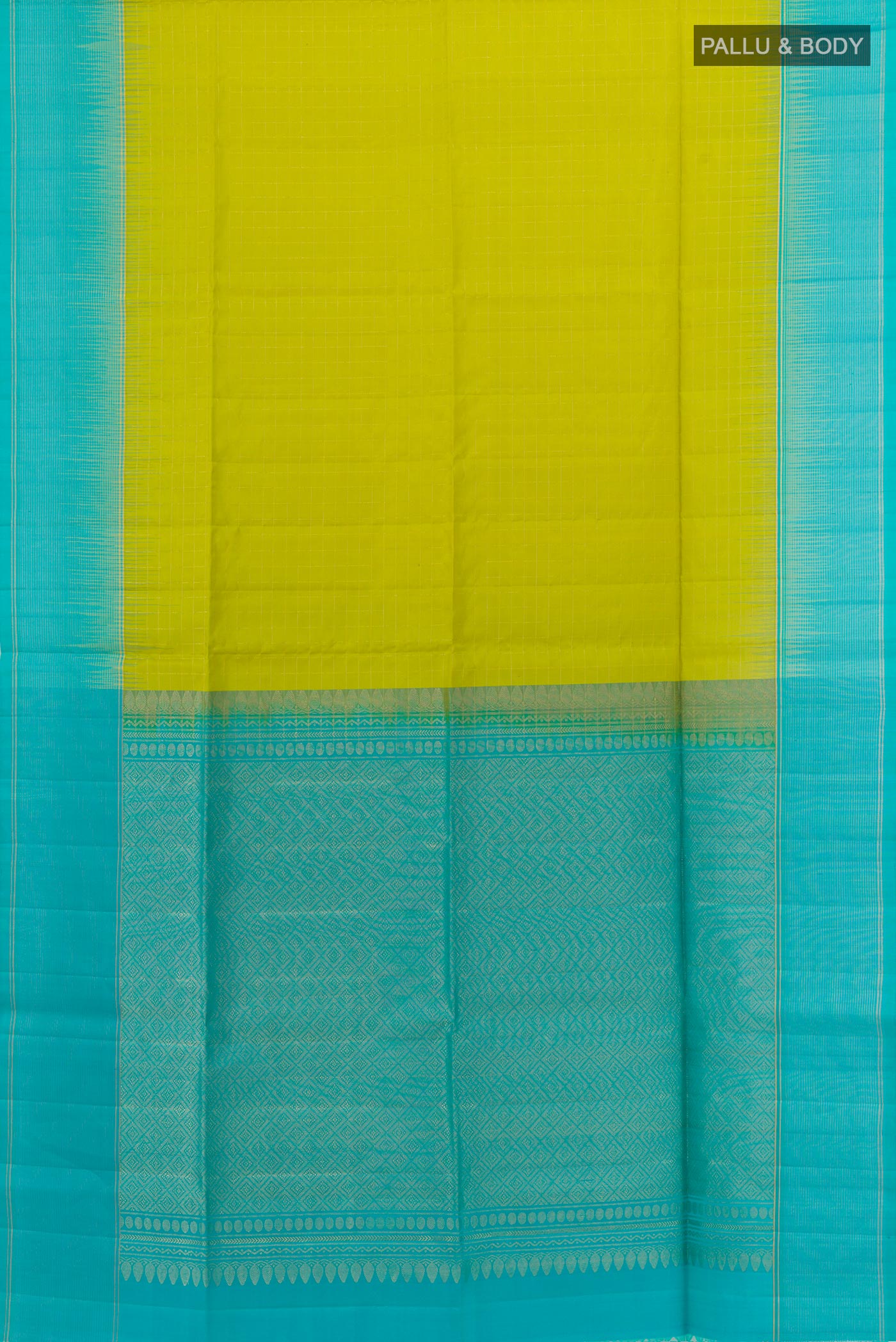 Flat view of Green Soft Silk Saree with Checked design on the body and Zari Border. 