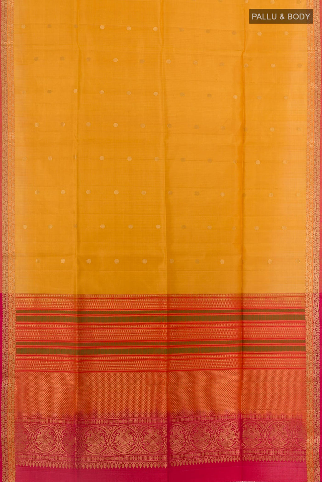 Flat view of Yellow Soft Silk Saree with Zari Butta on the body and Zari Border. 