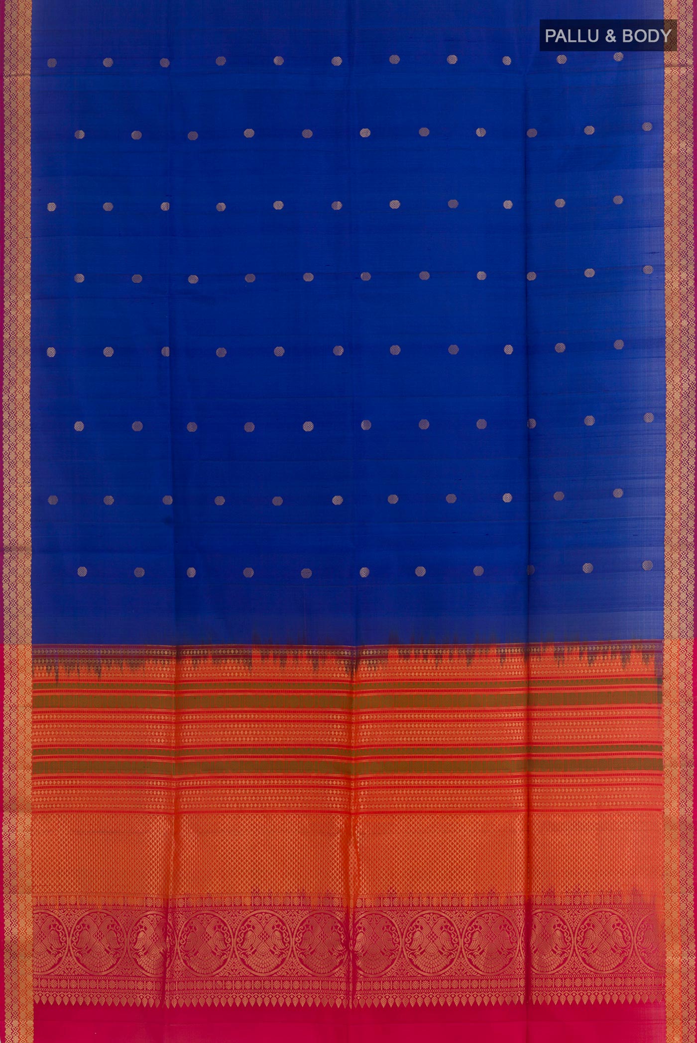 Flat view of Blue Soft Silk Saree with Zari Butta on the body and Zari Border. 
