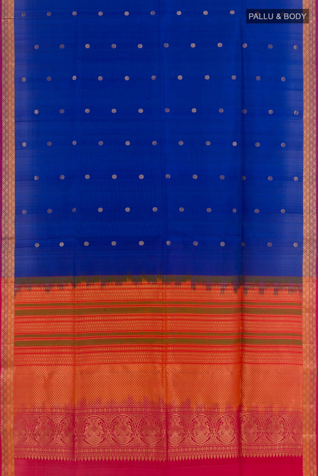 Flat view of Blue Soft Silk Saree with Zari Butta on the body and Zari Border. 
