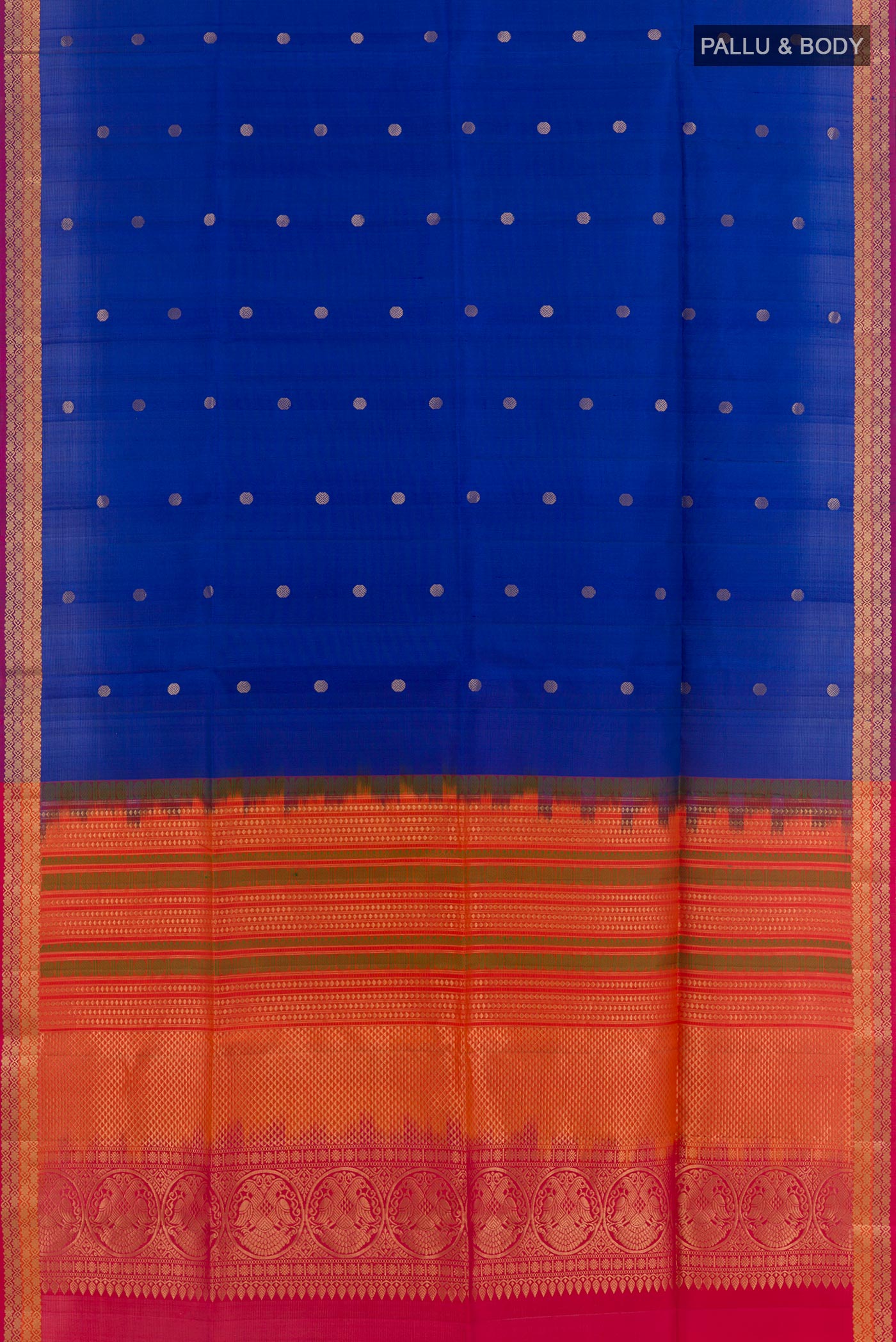 Flat view of Blue Soft Silk Saree with Zari Butta on the body and Zari Border. 