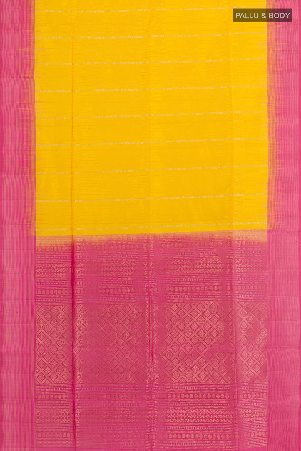 Flat view of Yellow Soft Silk Saree with Stripes on the body and Zari Border. 