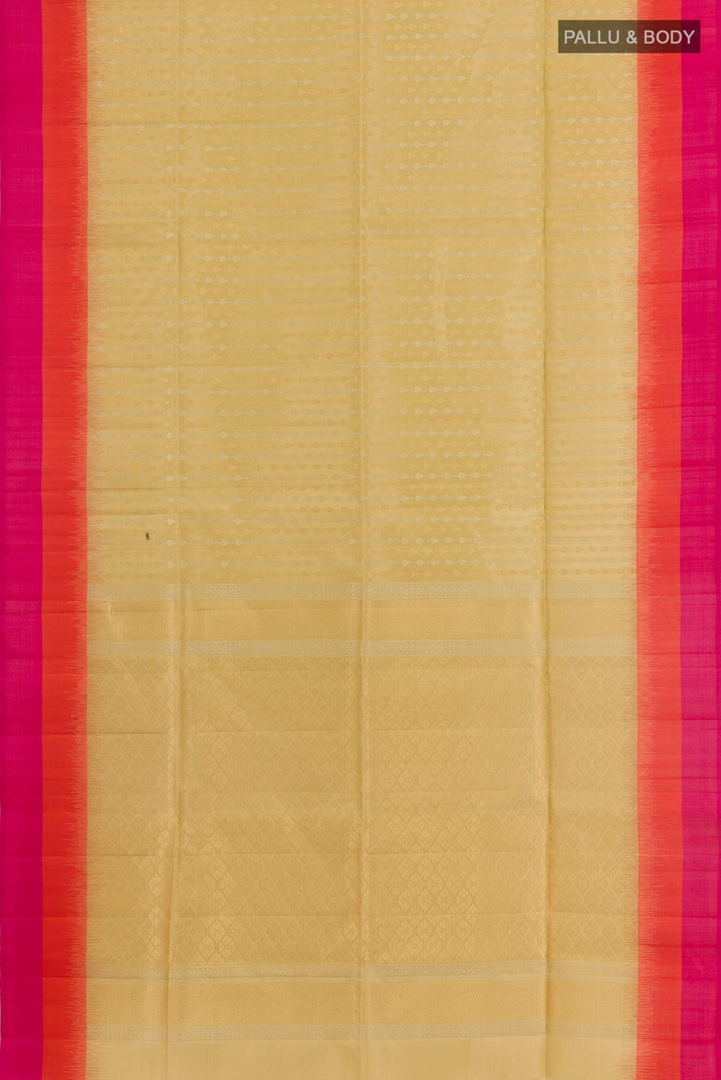 Flat view of Cream Soft Silk Saree with Zari Butta on the body and Zari Border. 
