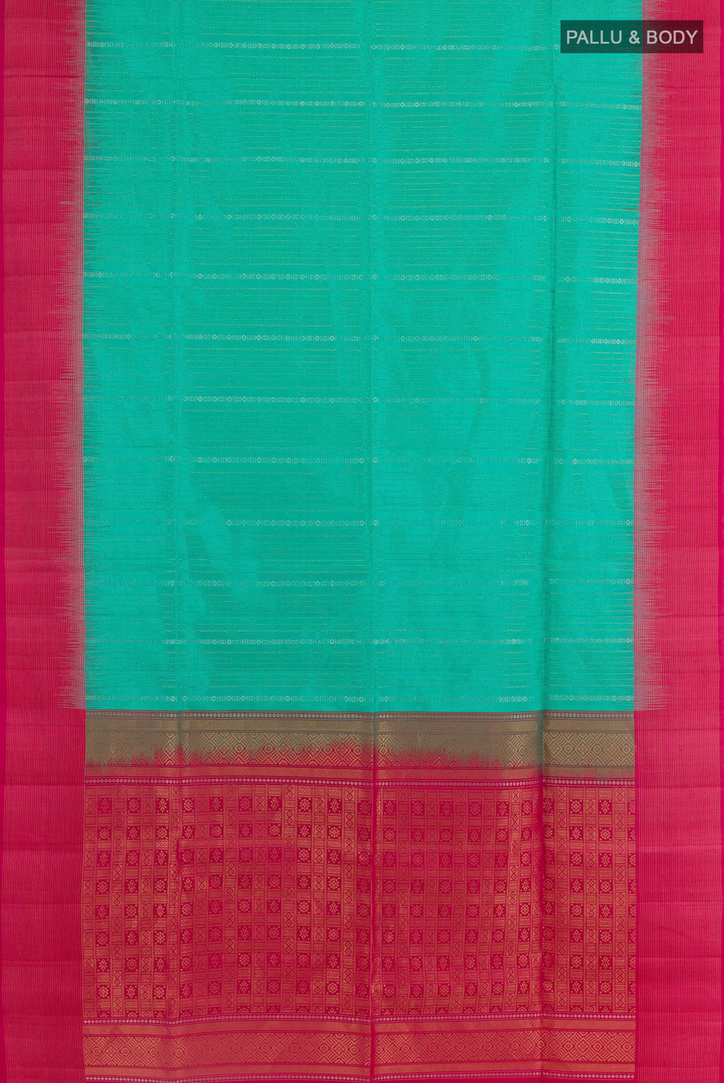 Flat view of Sea Green Soft Silk Saree with Stripes on the body and Zari Border. 