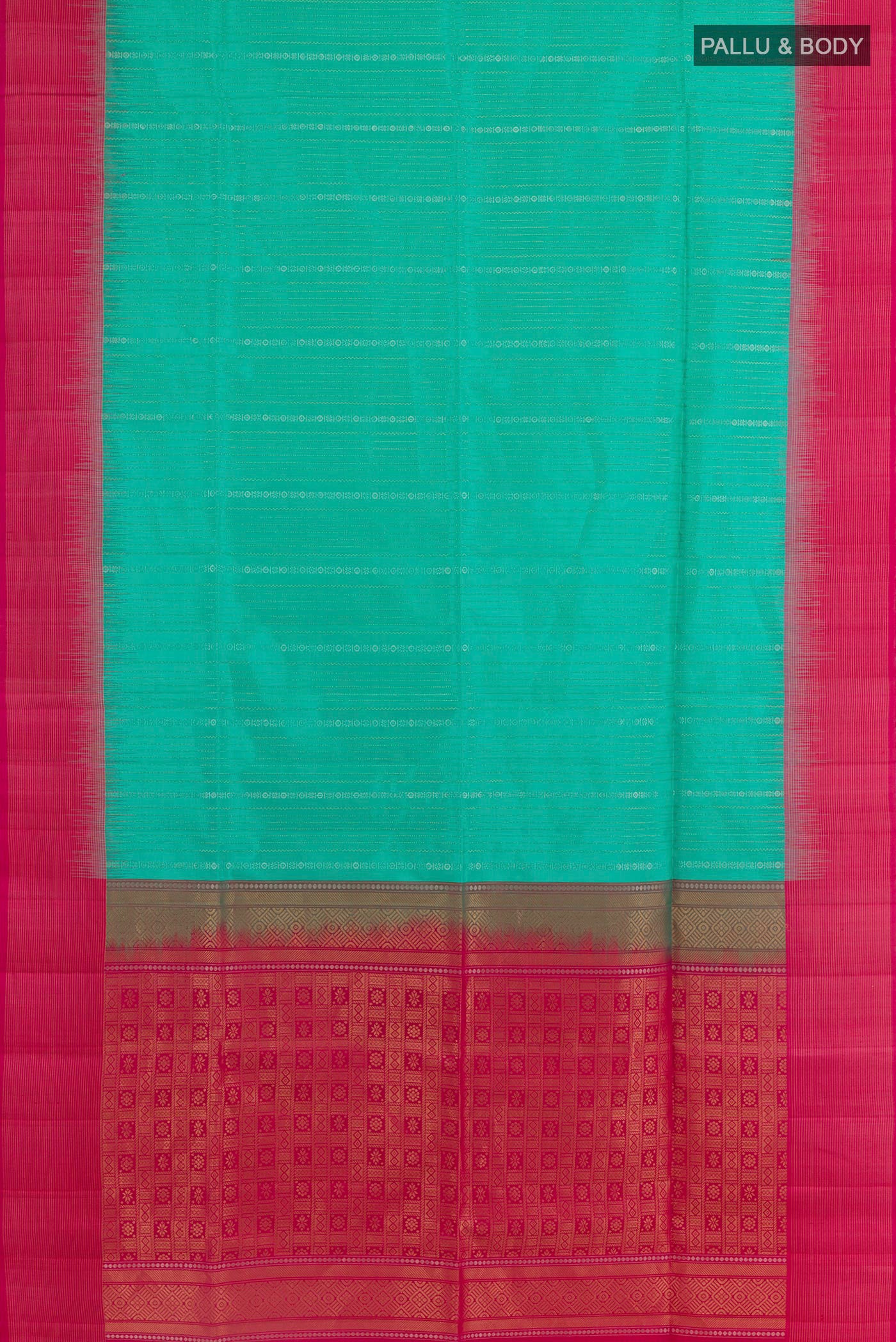 Flat view of Sea Green Soft Silk Saree with Stripes on the body and Zari Border. 