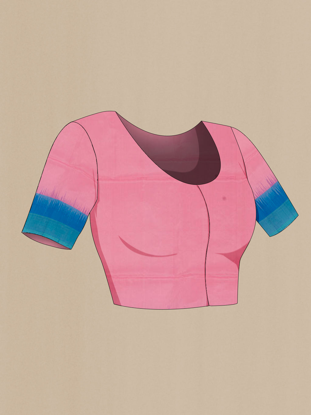 Close up image of the blouse of Pink Soft Silk Saree with Zari Butta on the body and Zari Border. 