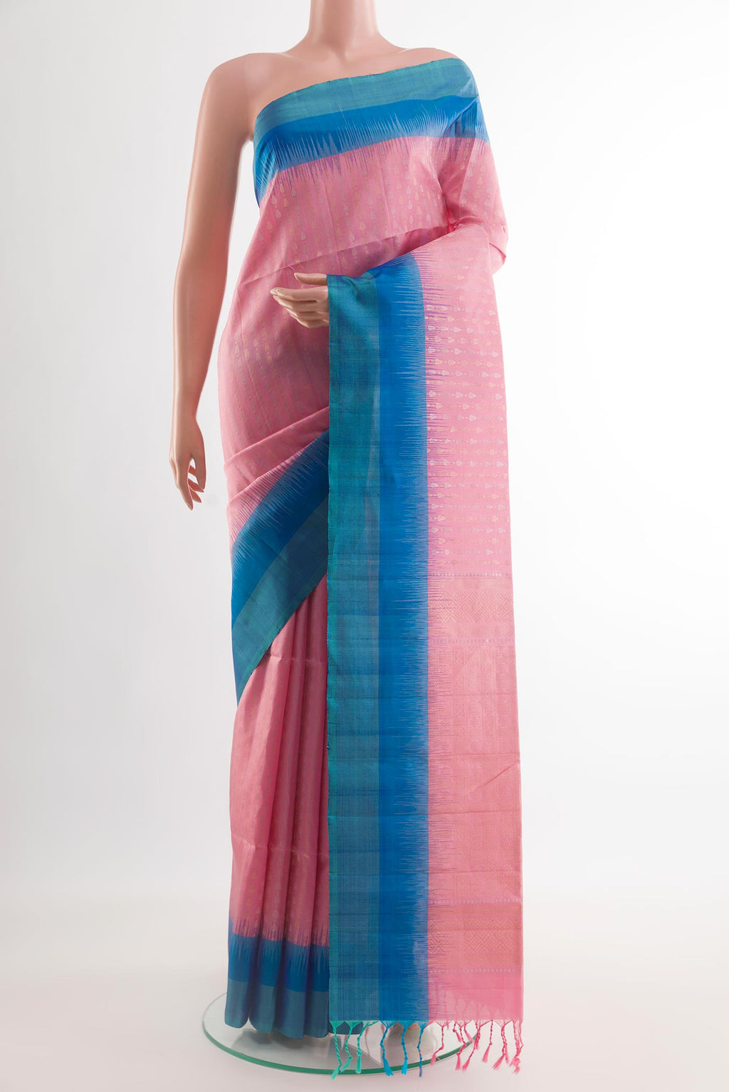 Pink Soft Silk Saree with Zari Butta on the body and Zari Border.  displayed on a mannequin