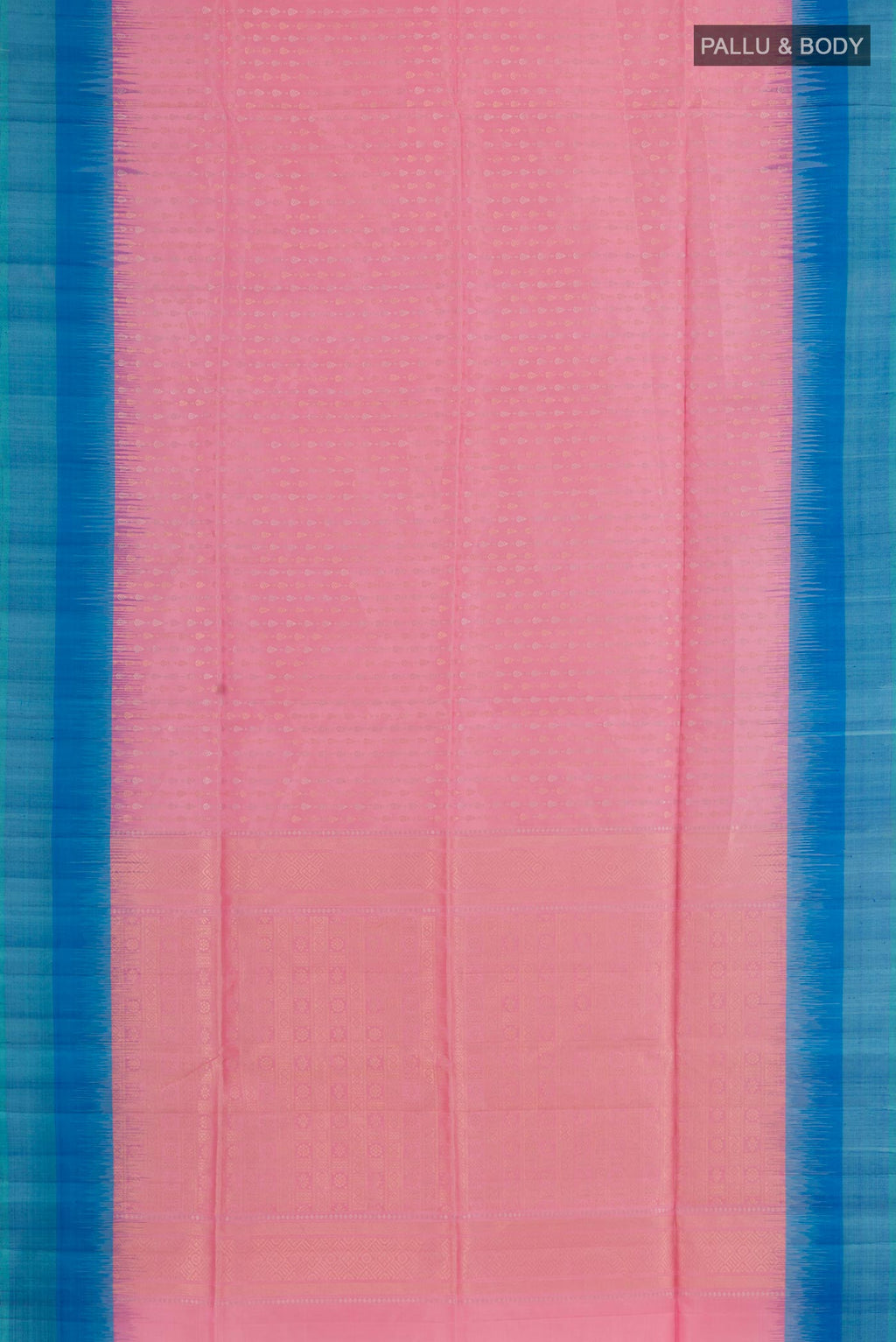 Flat view of Pink Soft Silk Saree with Zari Butta on the body and Zari Border. 