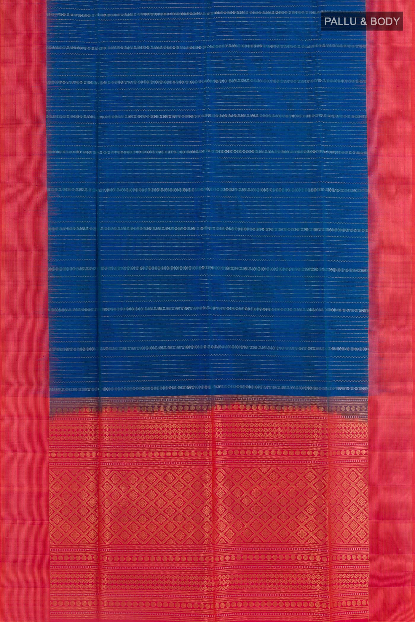 Flat view of Blue Soft Silk Saree with Stripes on the body and Zari Border. 