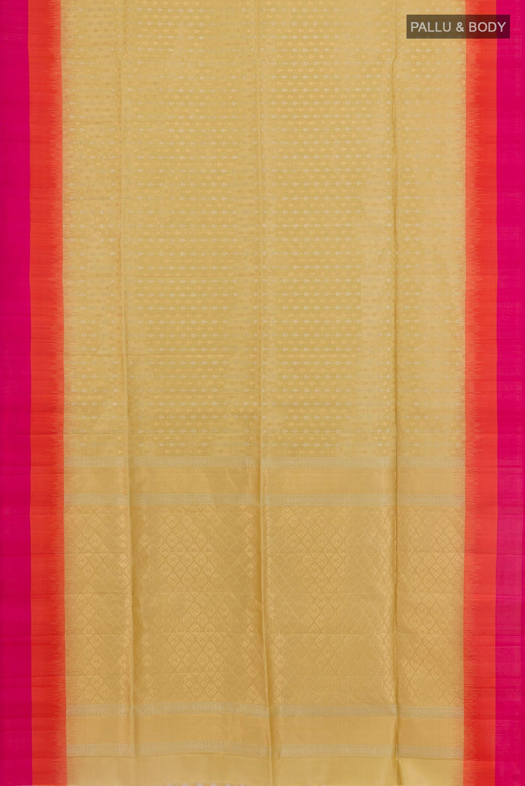 Flat view of Cream Soft Silk Saree with Zari Butta on the body and Zari Border. 
