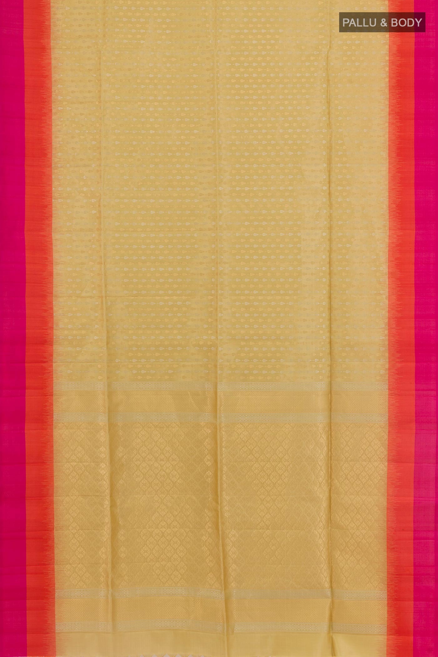 Flat view of Cream Soft Silk Saree with Zari Butta on the body and Zari Border. 