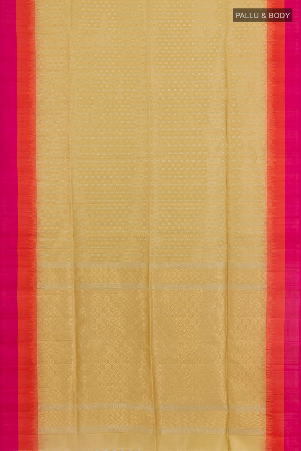 Flat view of Cream Soft Silk Saree with Zari Butta on the body and Zari Border. 