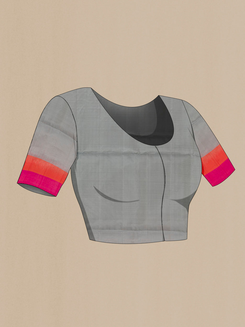 Close up image of the blouse of Grey Soft Silk Saree with Stripes on the body and Zari Border. 