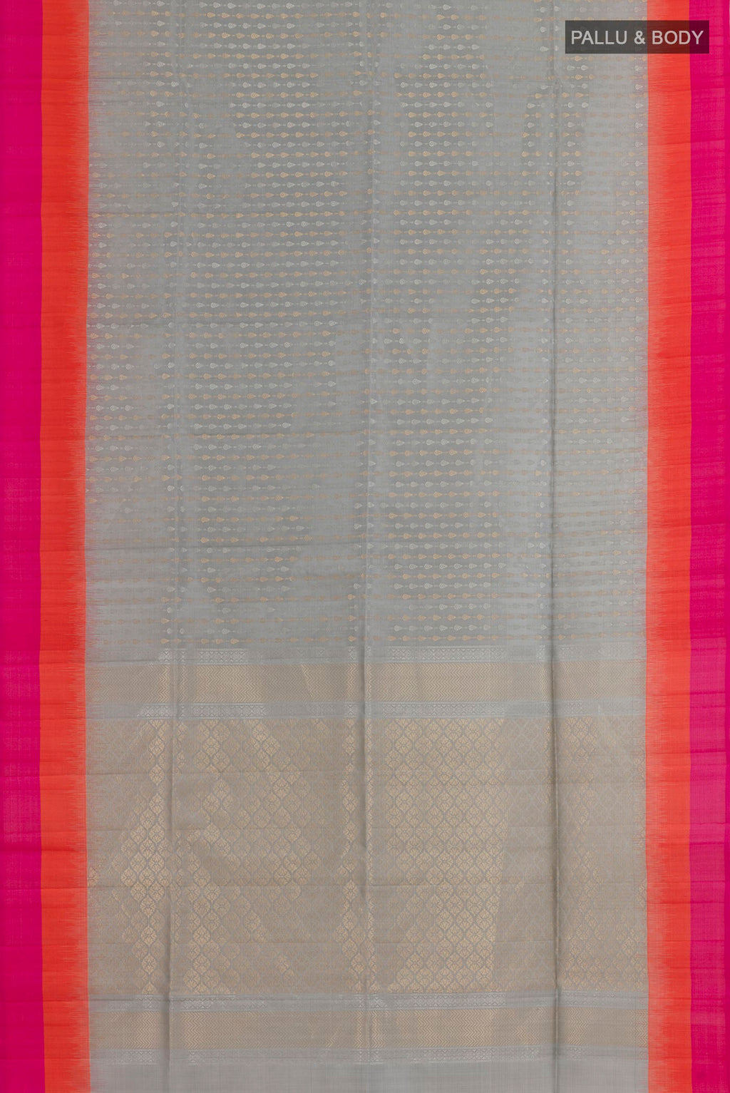 Flat view of Grey Soft Silk Saree with Stripes on the body and Zari Border. 