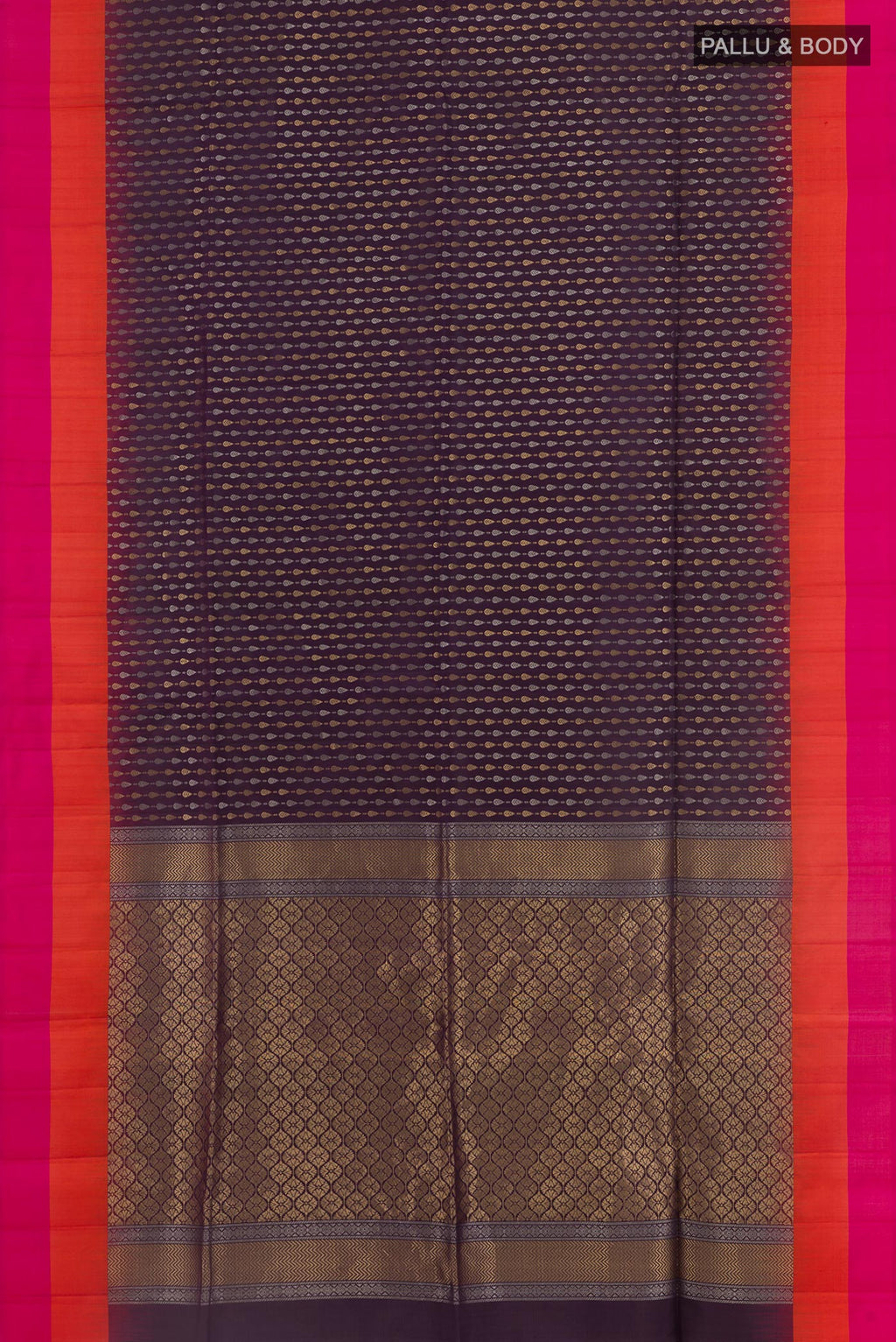 Flat view of Purple Soft Silk Saree with Zari Butta on the body and Zari Border. 