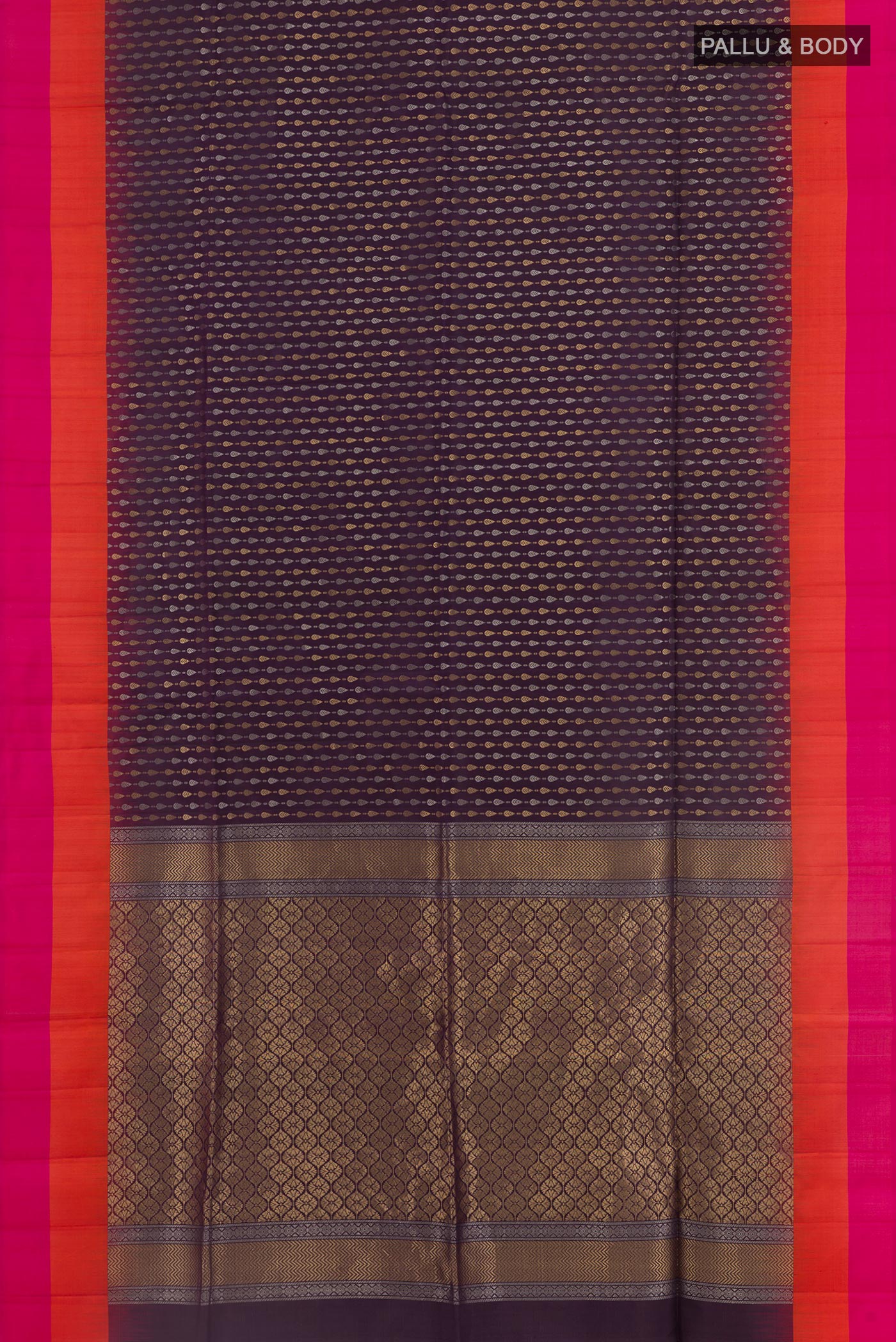 Flat view of Purple Soft Silk Saree with Zari Butta on the body and Zari Border. 