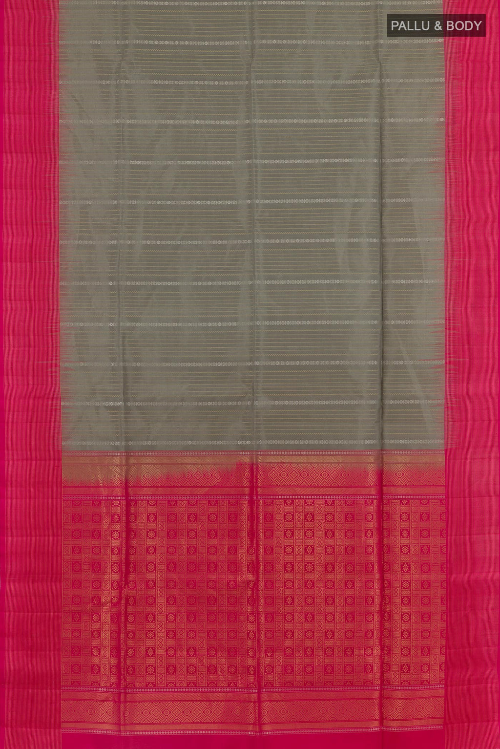 Flat view of Grey Soft Silk Saree with Stripes on the body and Zari Border. 