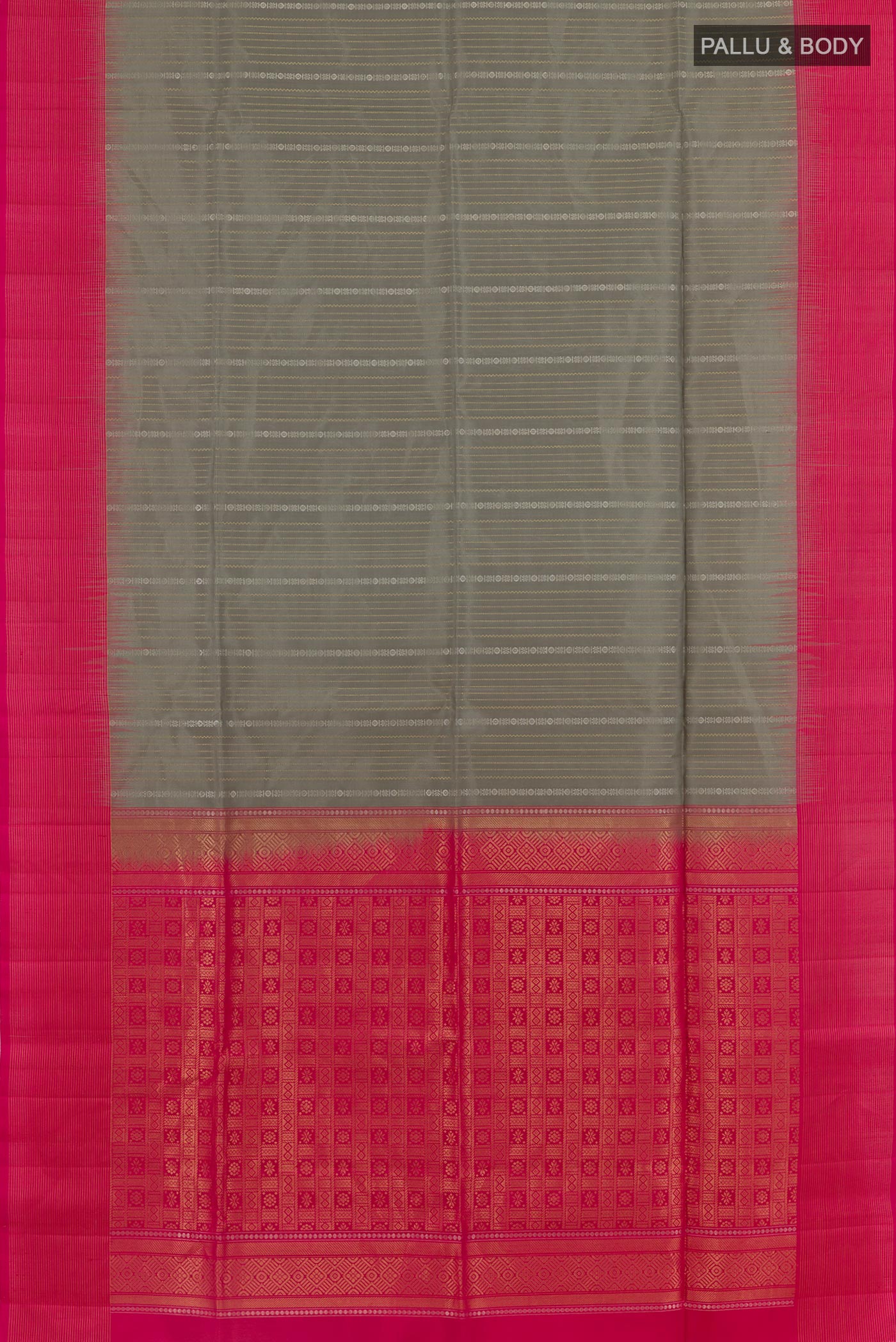 Flat view of Grey Soft Silk Saree with Stripes on the body and Zari Border. 