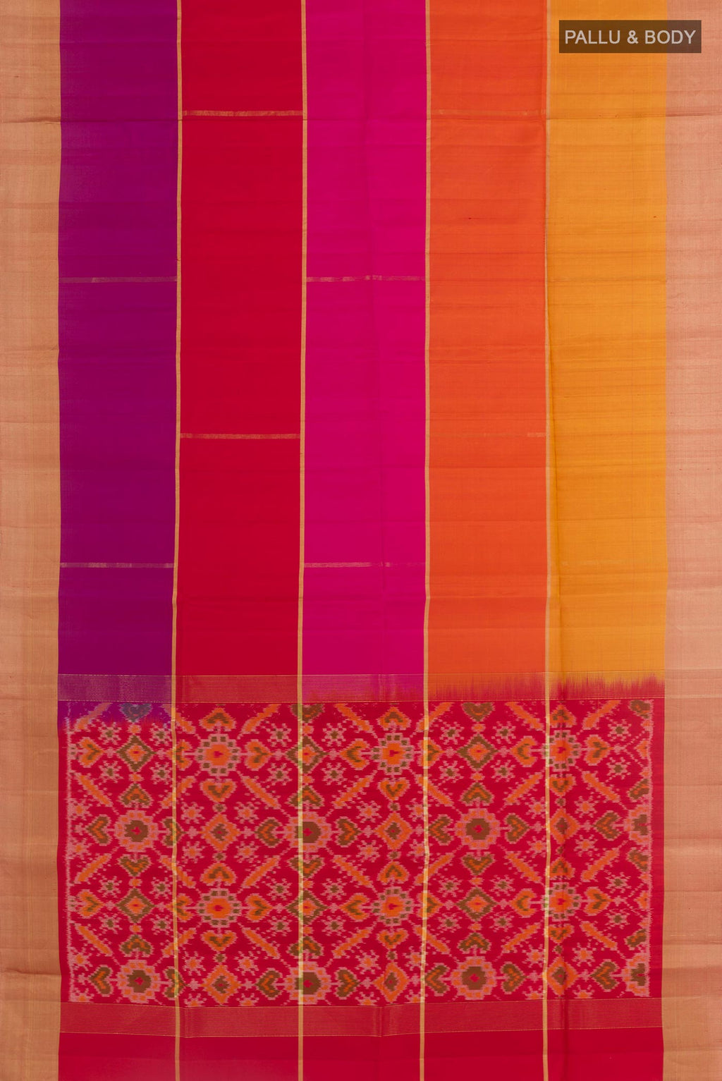 Flat view of Multi Color Soft Silk Saree with Zari Butta on the body and Zari Border. 