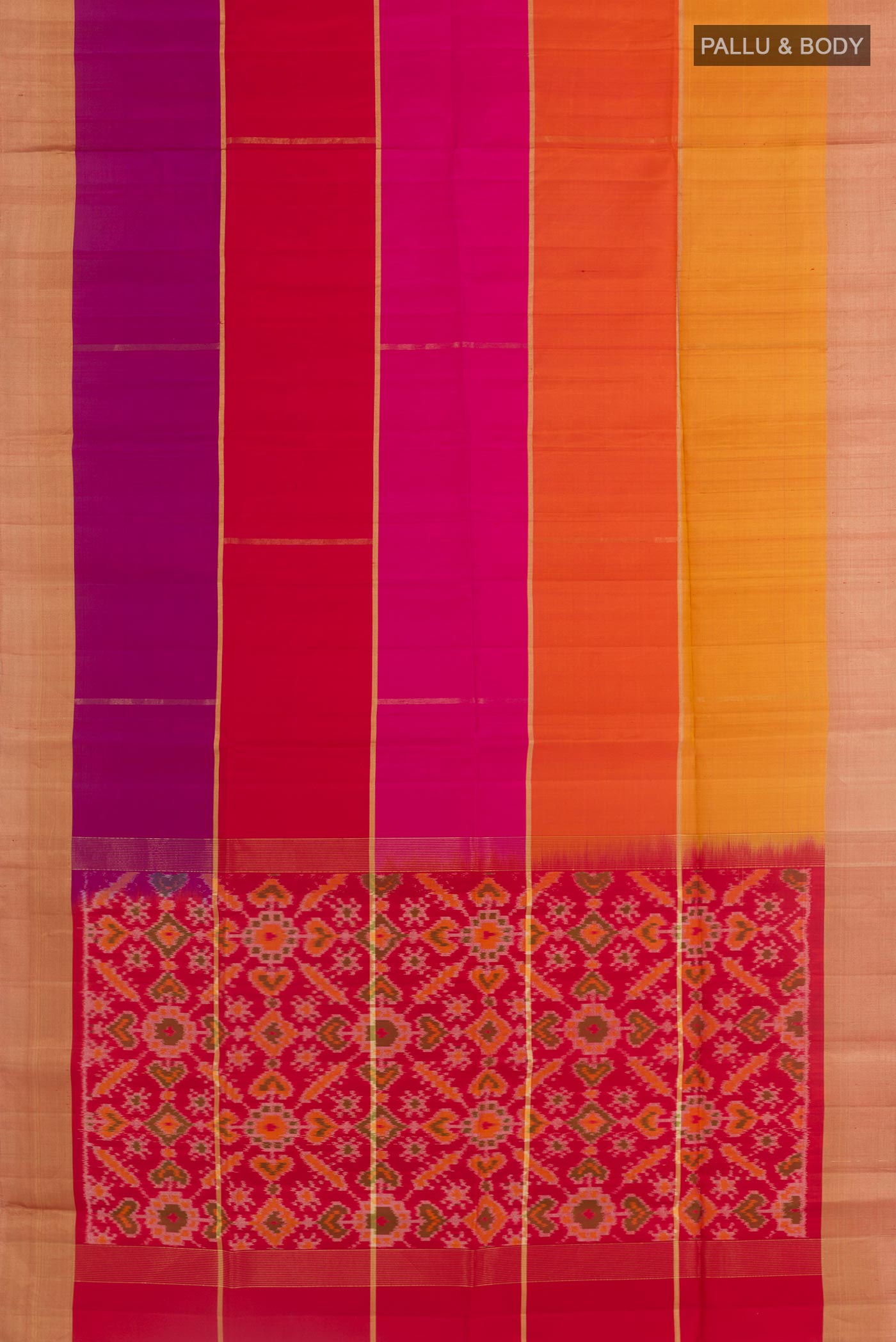 Flat view of Multi Color Soft Silk Saree with Zari Butta on the body and Zari Border. 