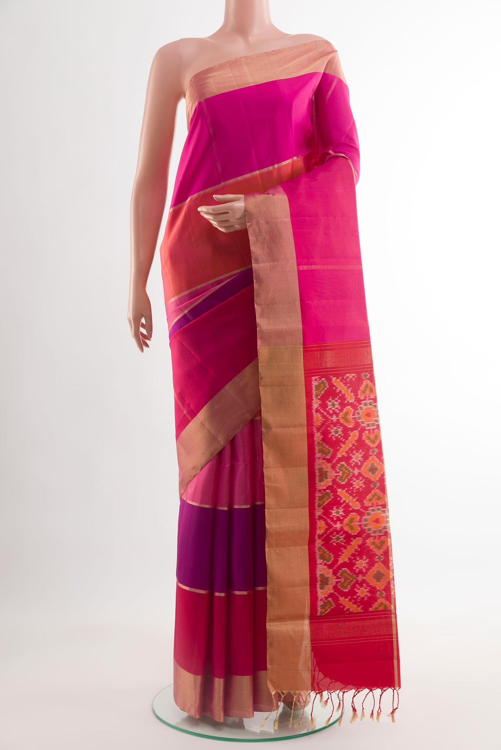 Multi Color Soft Silk Saree with Stripes on the body and Zari Border.  displayed on a mannequin