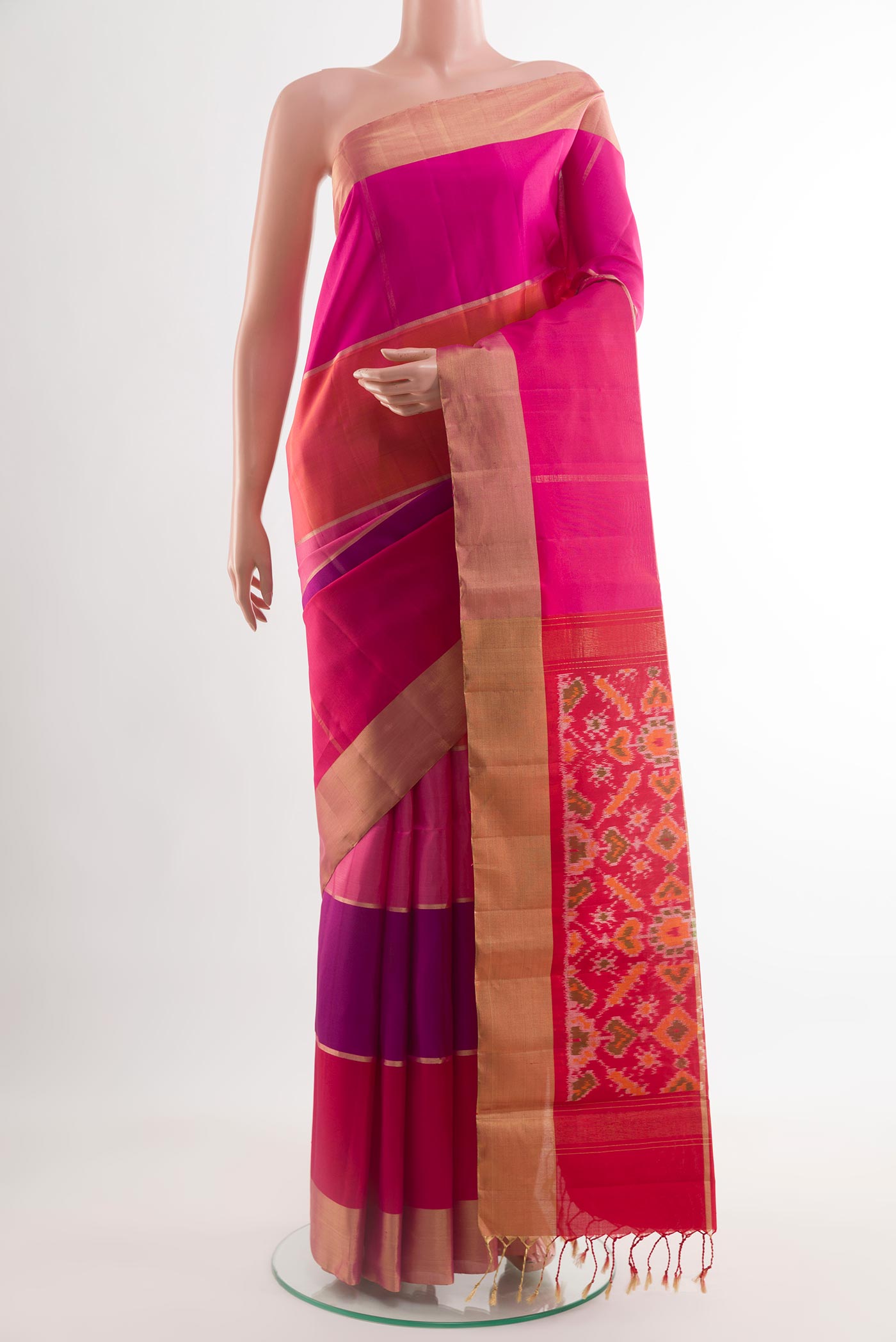 Multi Color Soft Silk Saree with Stripes on the body and Zari Border.  displayed on a mannequin