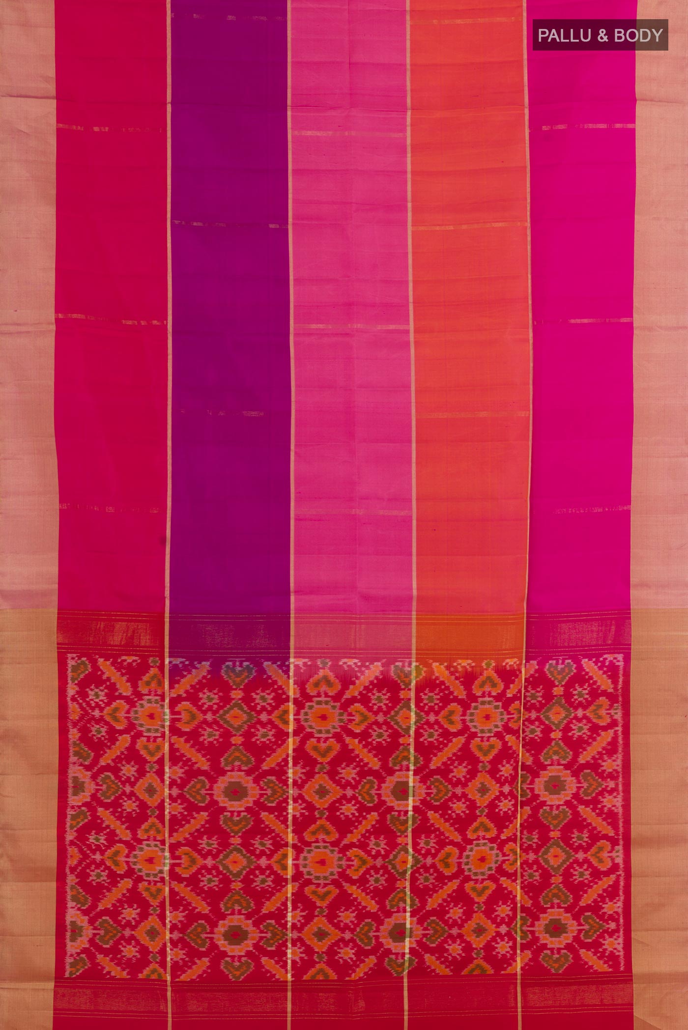 Flat view of Multi Color Soft Silk Saree with Stripes on the body and Zari Border. 