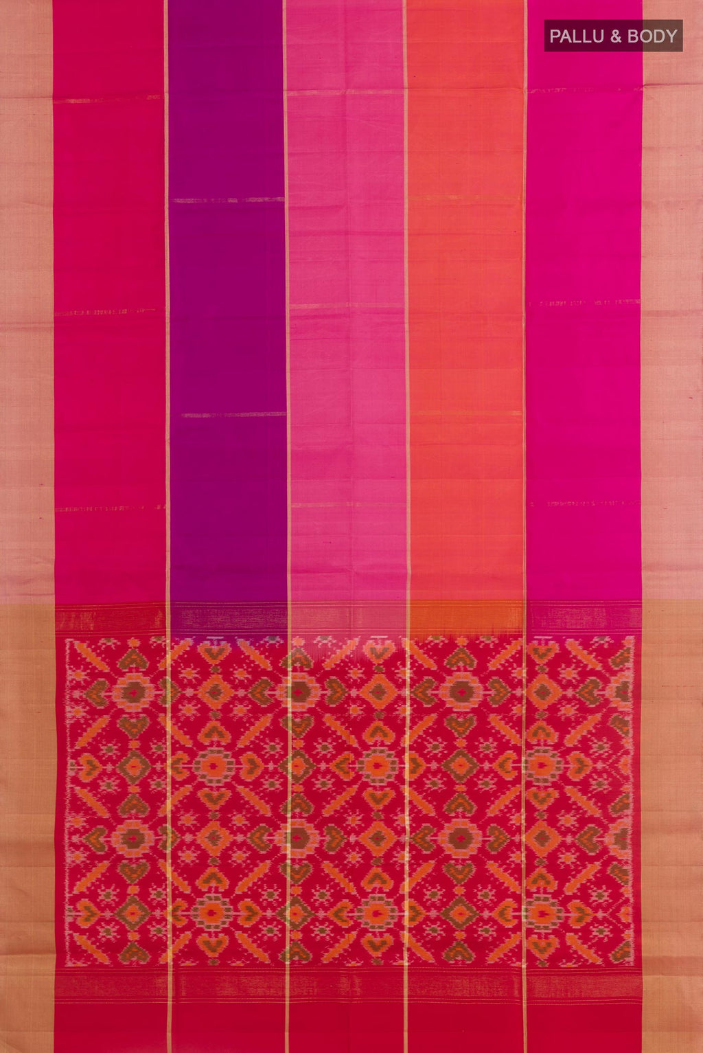 Flat view of Multi Color Soft Silk Saree with Zari Butta on the body and Zari Border. 