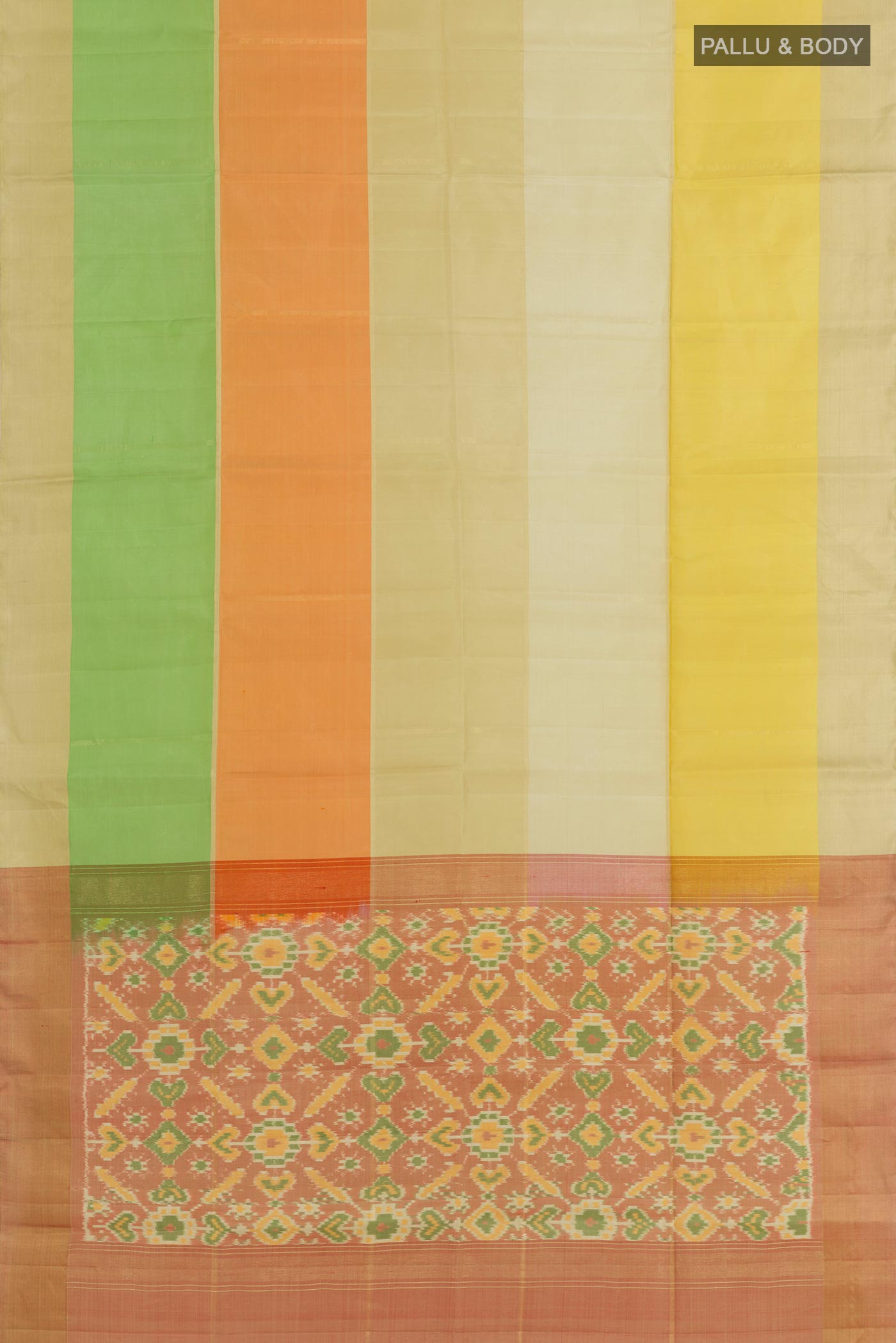 Flat view of Multi Color Soft Silk Saree with Zari Butta on the body and Zari Border. 