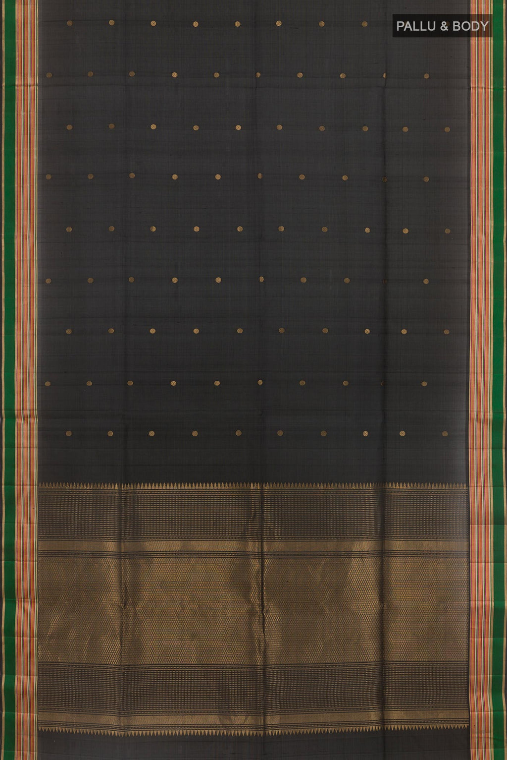 Flat view of Black Soft Silk Saree with Zari Butta on the body and Zari Border. 
