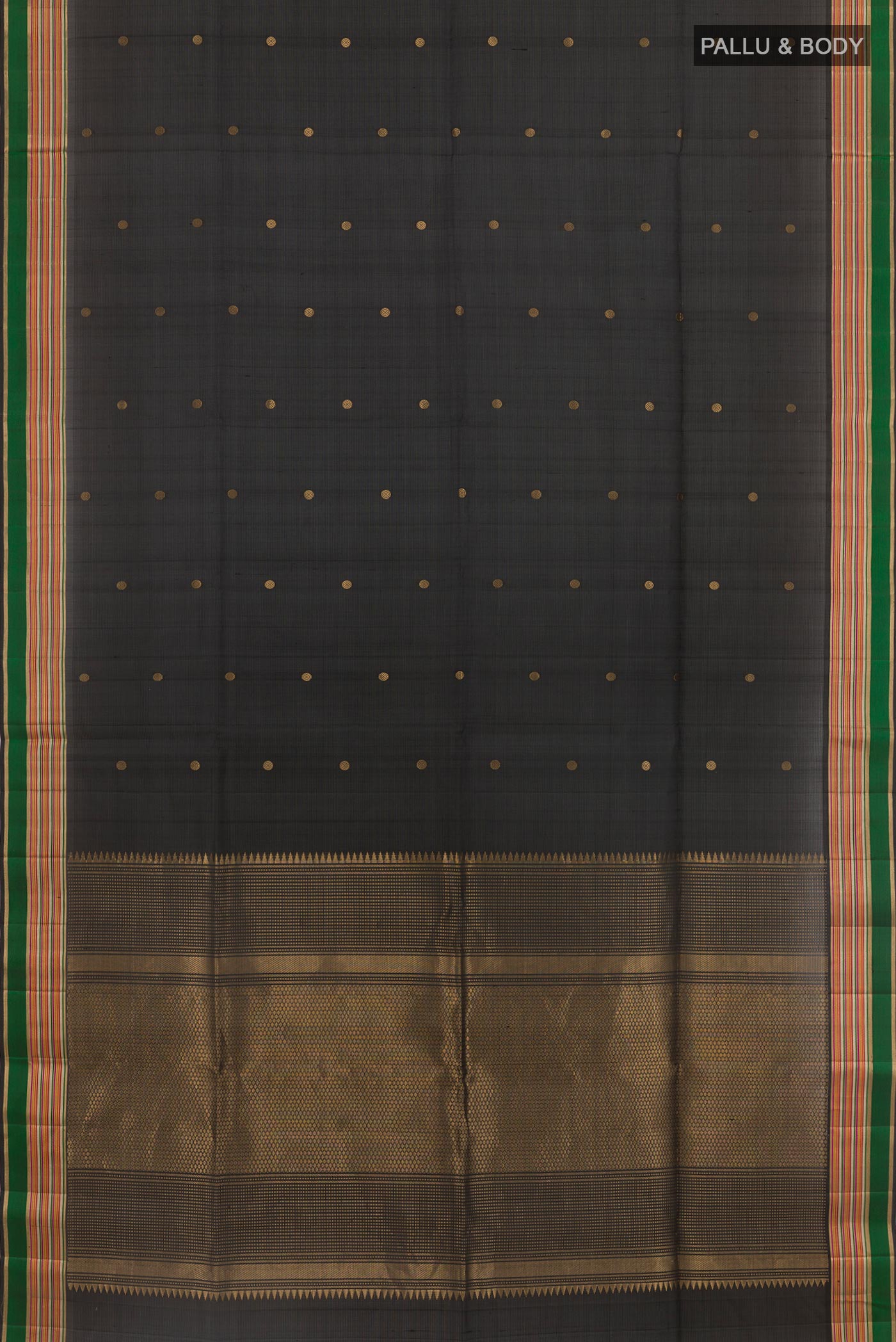 Flat view of Black Soft Silk Saree with Zari Butta on the body and Zari Border. 