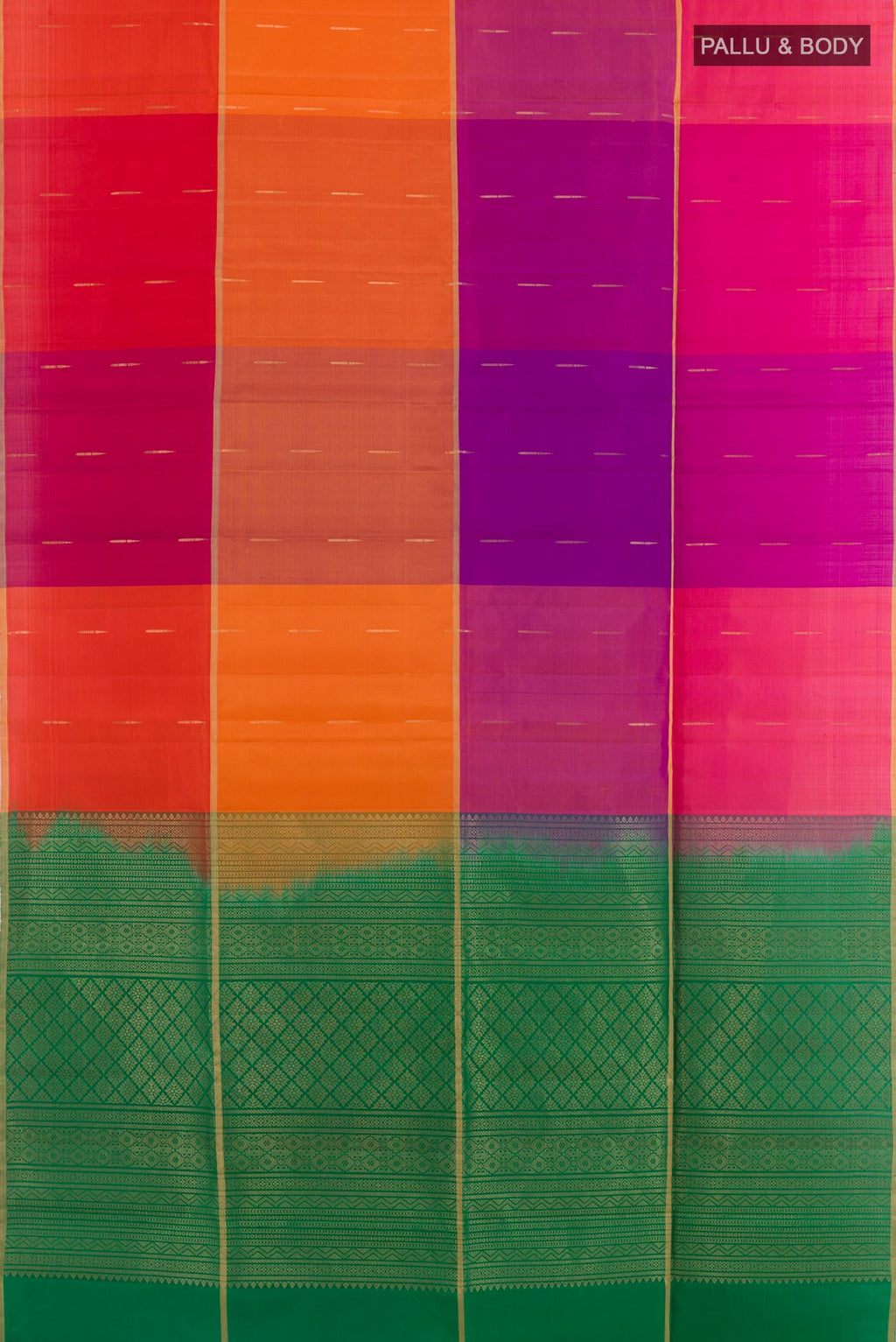 Flat view of Multi Color Raw Silk Saree with Zari Butta on the body and Zari Border. 