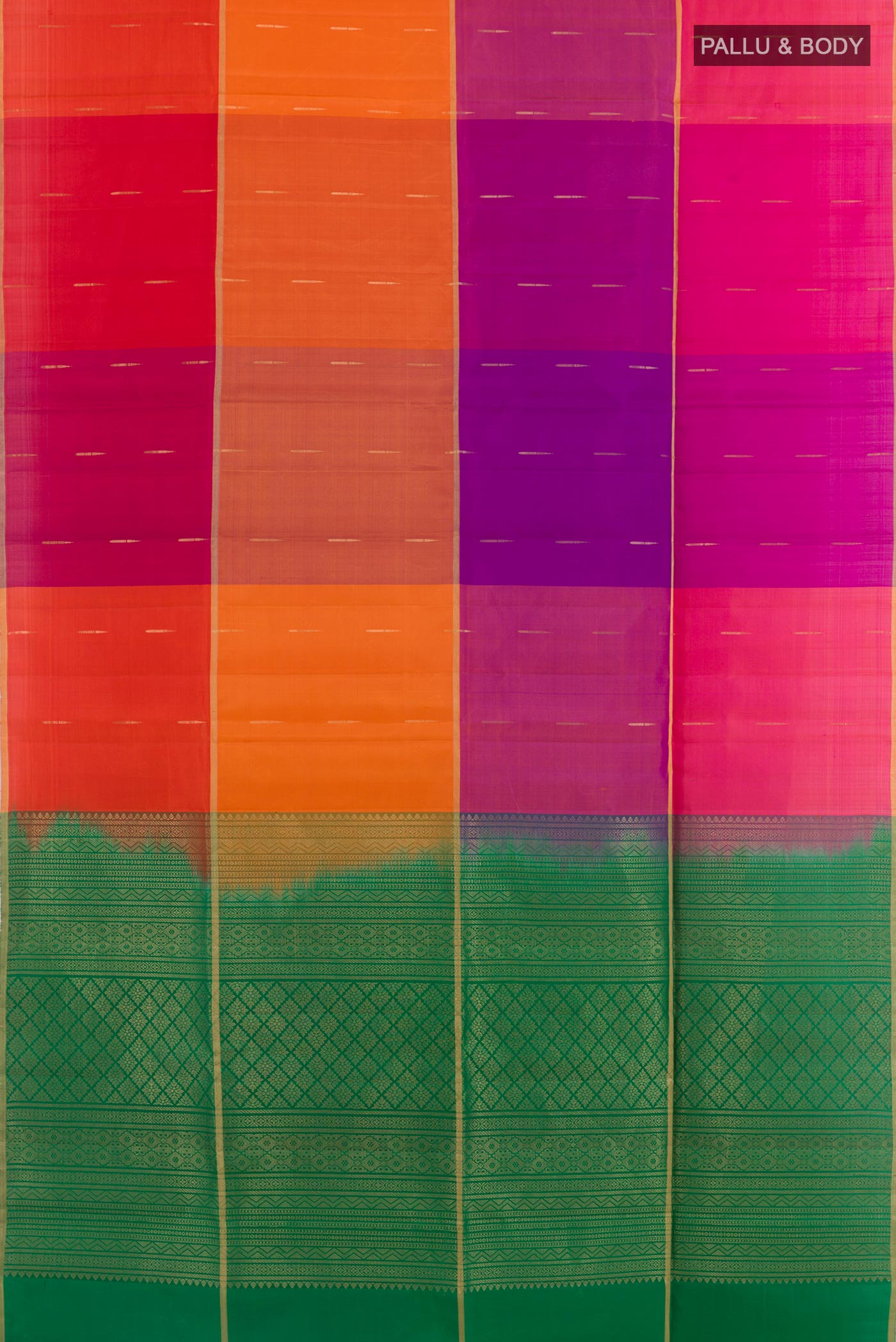 Flat view of Multi Color Raw Silk Saree with Zari Butta on the body and Zari Border. 