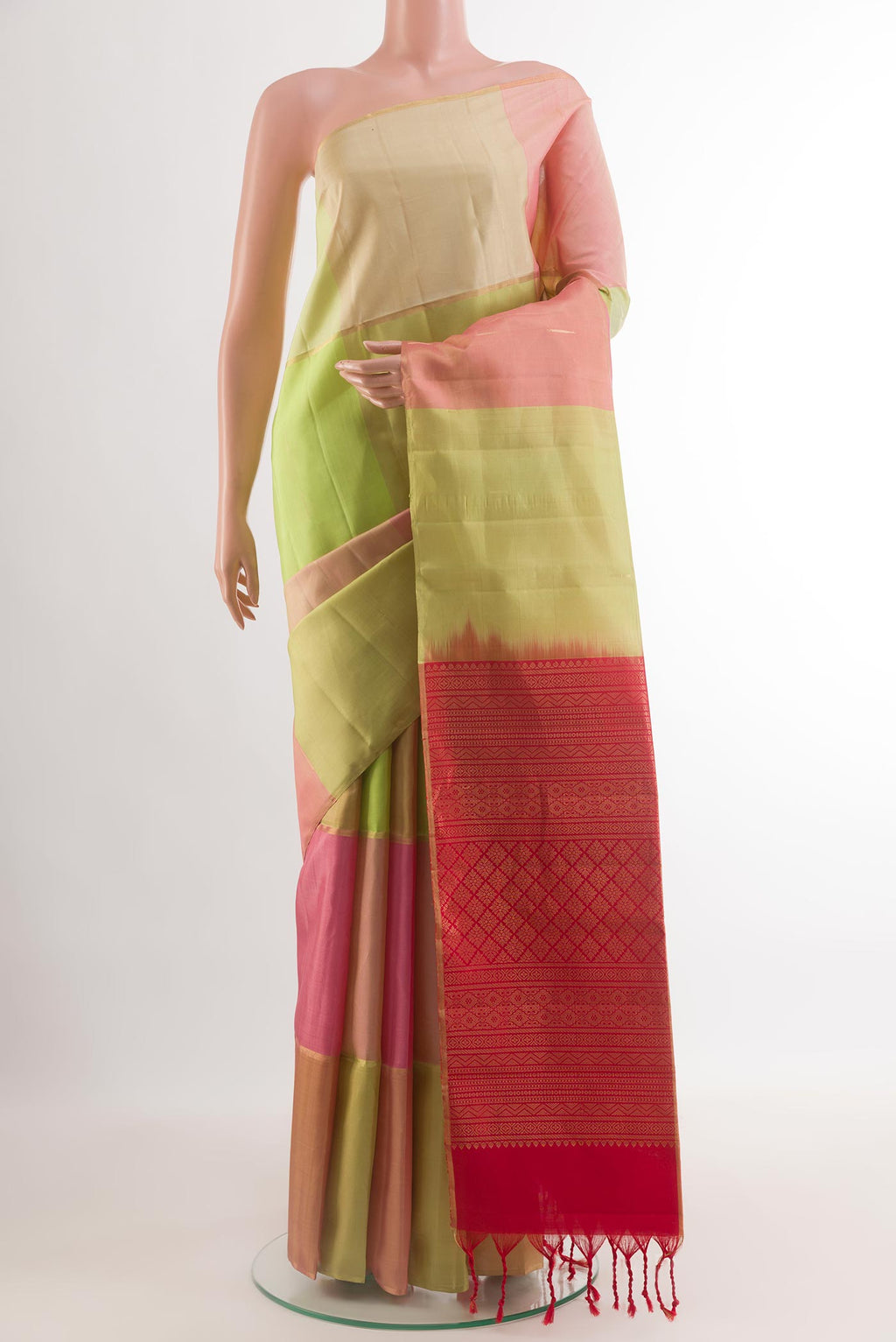 Multi Color Soft Silk Saree with Stripes on the body and Zari Border.  displayed on a mannequin