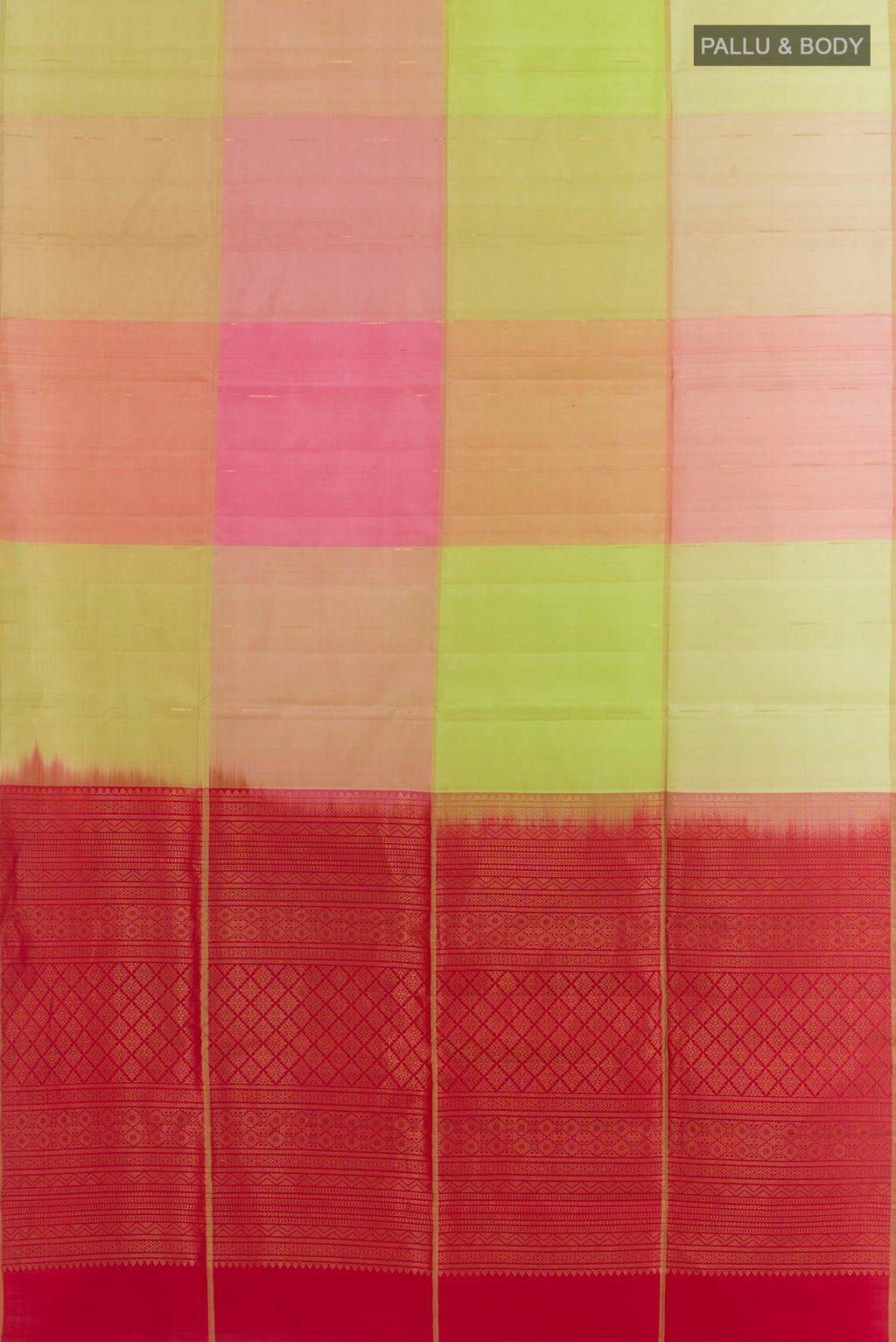 Flat view of Multi Color Soft Silk Saree with Stripes on the body and Zari Border. 