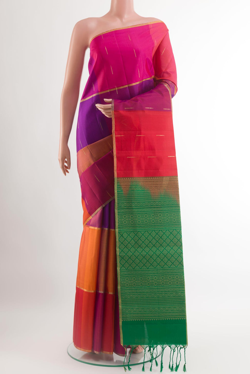 Multi Color Soft Silk Saree with Stripes on the body and Zari Border.  displayed on a mannequin