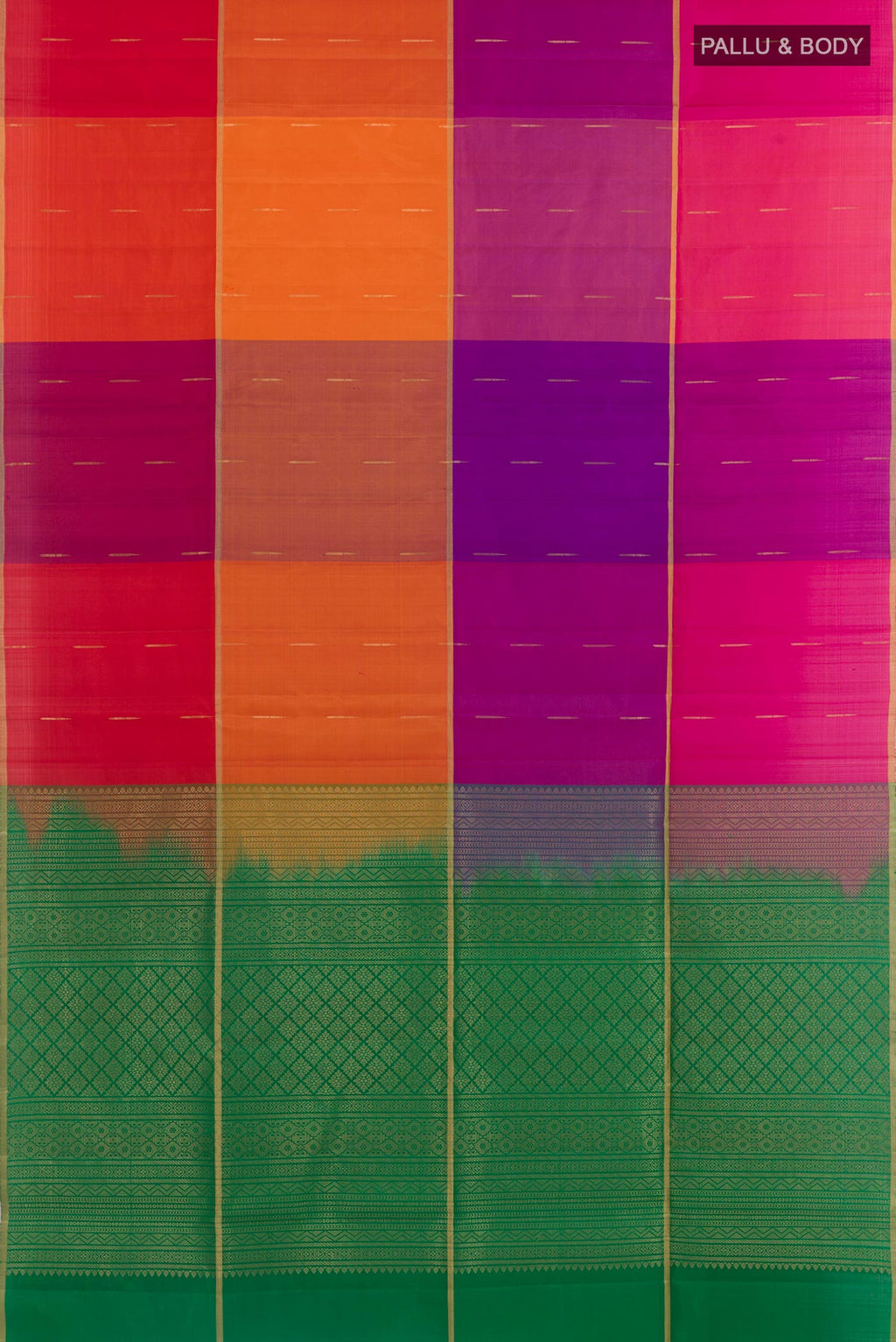Flat view of Multi Color Soft Silk Saree with Stripes on the body and Zari Border. 