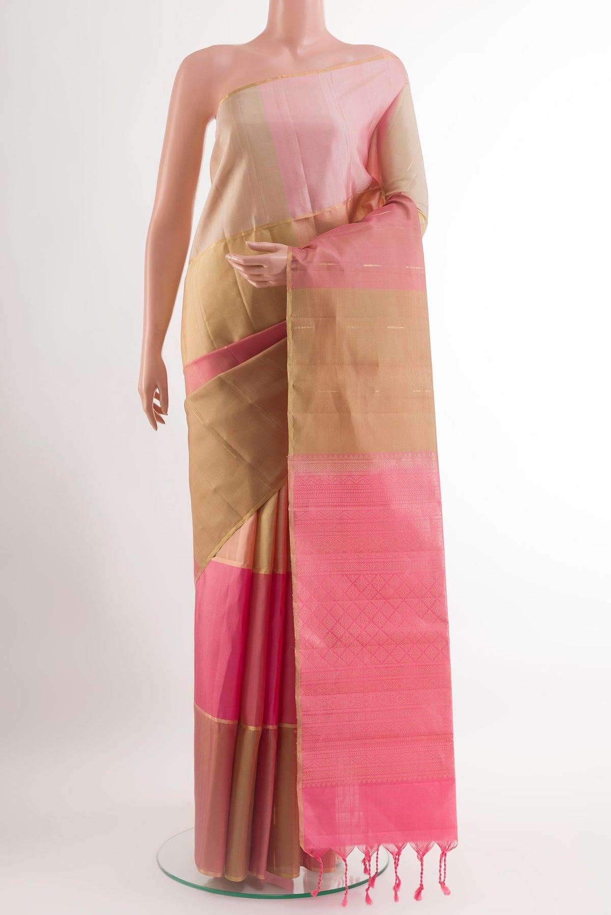 Multi Color Soft Silk Saree with Zari Butta on the body and Zari Border.  displayed on a mannequin
