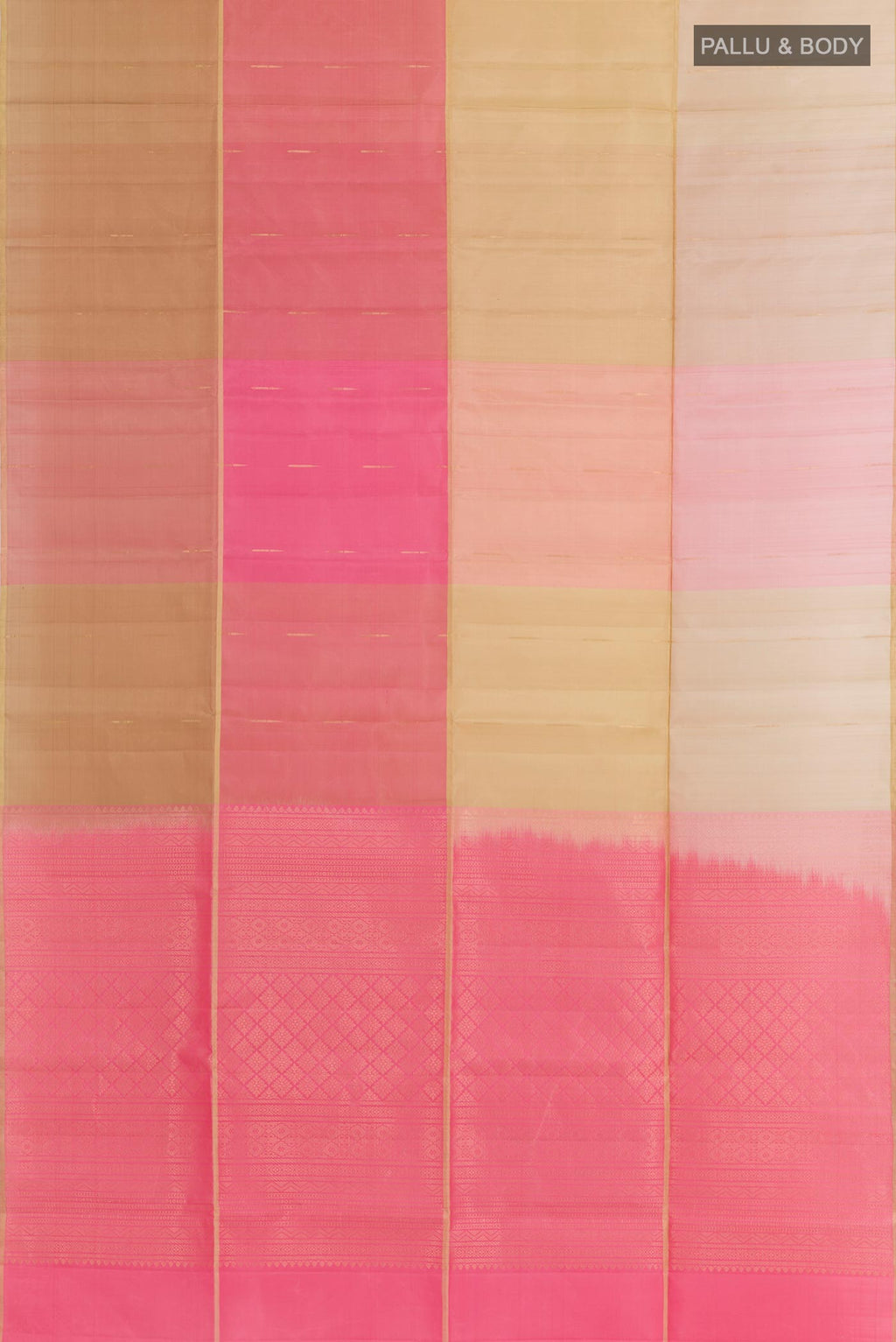 Flat view of Multi Color Soft Silk Saree with Zari Butta on the body and Zari Border. 