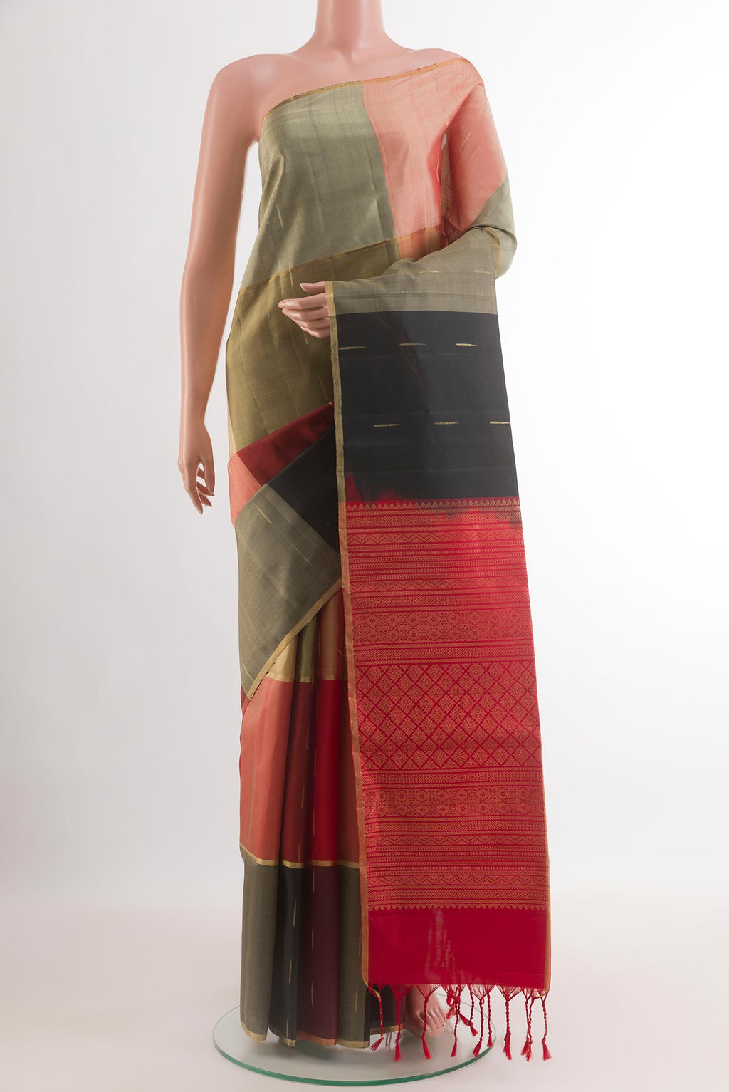 Multi Color Soft Silk Saree with Stripes on the body and Zari Border.  displayed on a mannequin