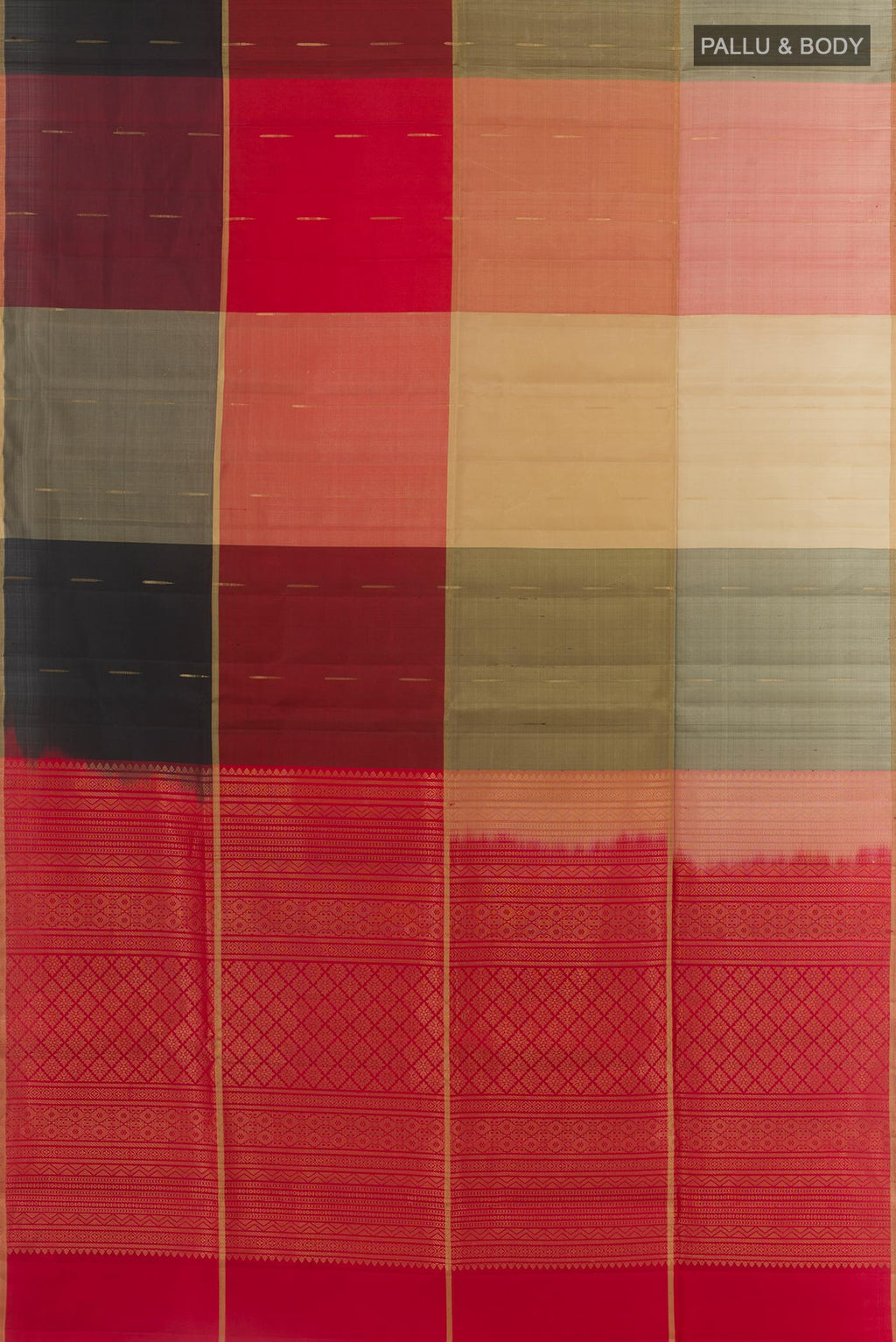 Flat view of Multi Color Soft Silk Saree with Stripes on the body and Zari Border. 