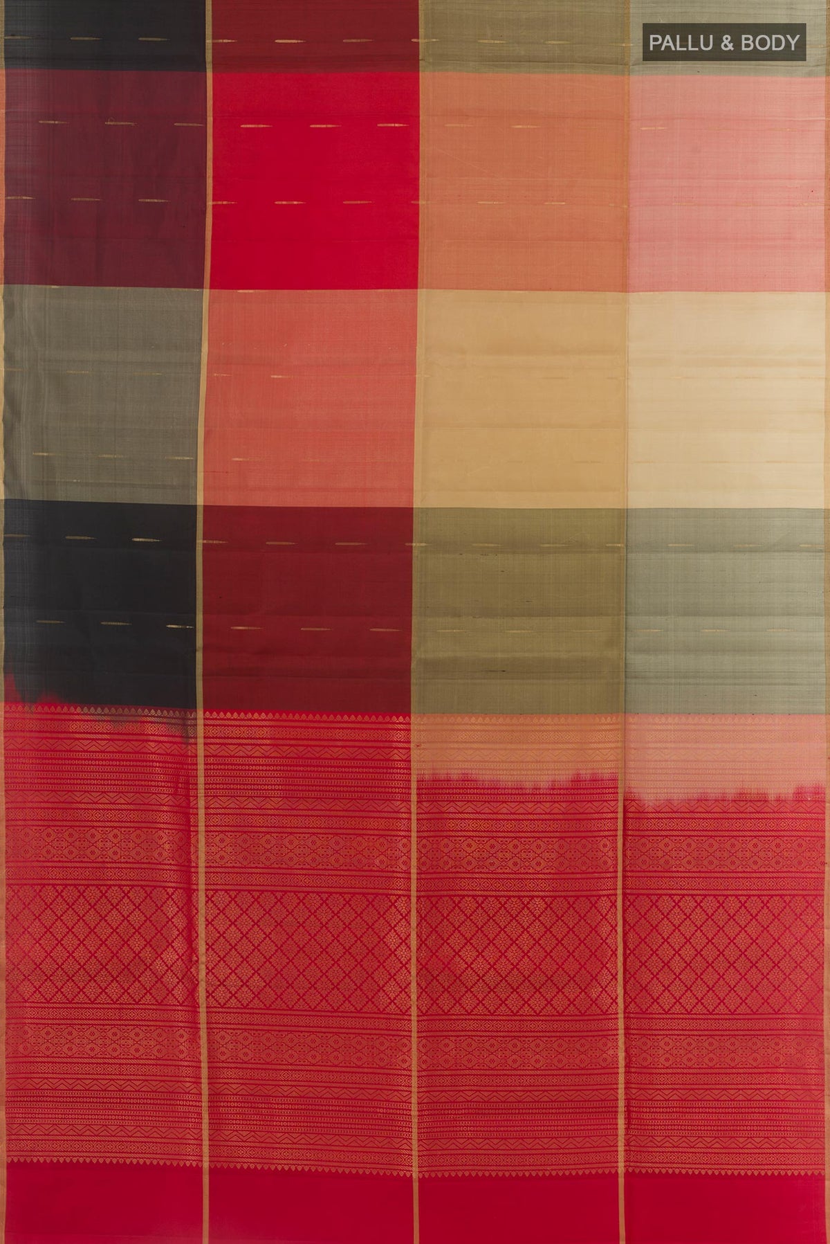 Flat view of Multi Color Soft Silk Saree with Stripes on the body and Zari Border. 