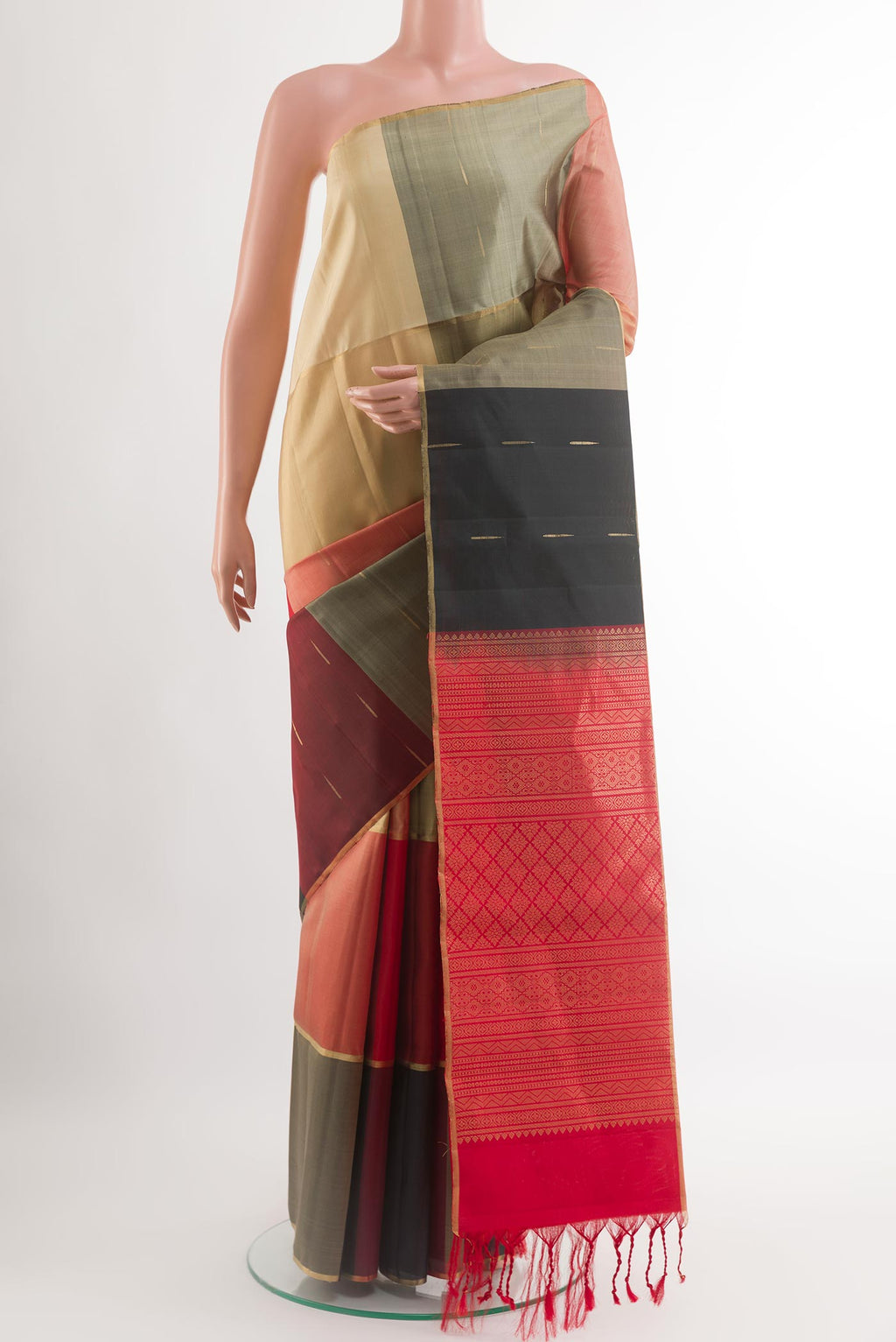 Multi Color Soft Silk Saree with Stripes on the body and Zari Border.  displayed on a mannequin